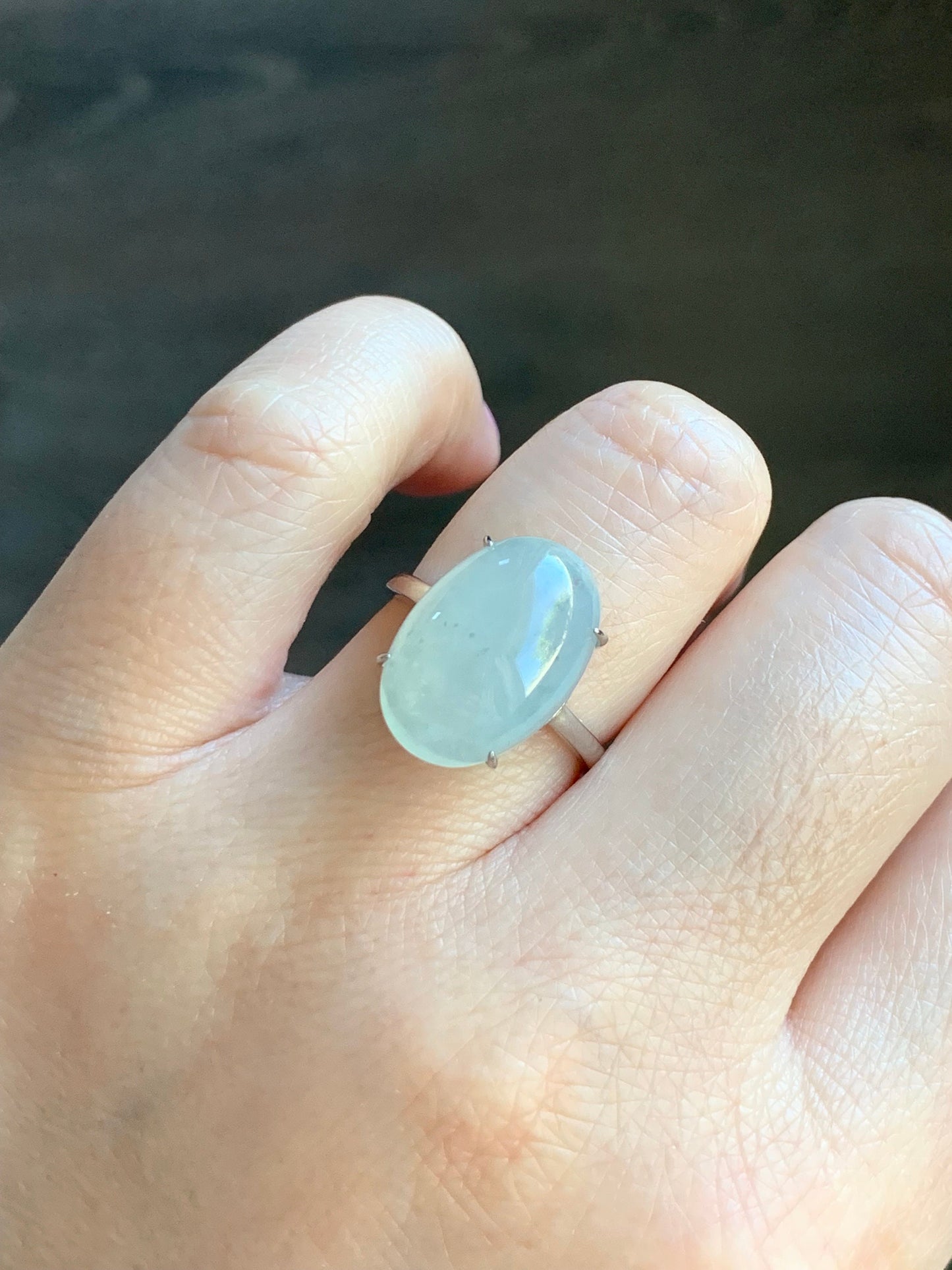 Natural Burmese Icy Translucent Gelatinous Large White Wuji Jadeite Solitaire Ring Sterling Silver Size Adjustable 天然缅甸冰胶白乌鸡翡翠蛋面银镶戒指 BWJ1228