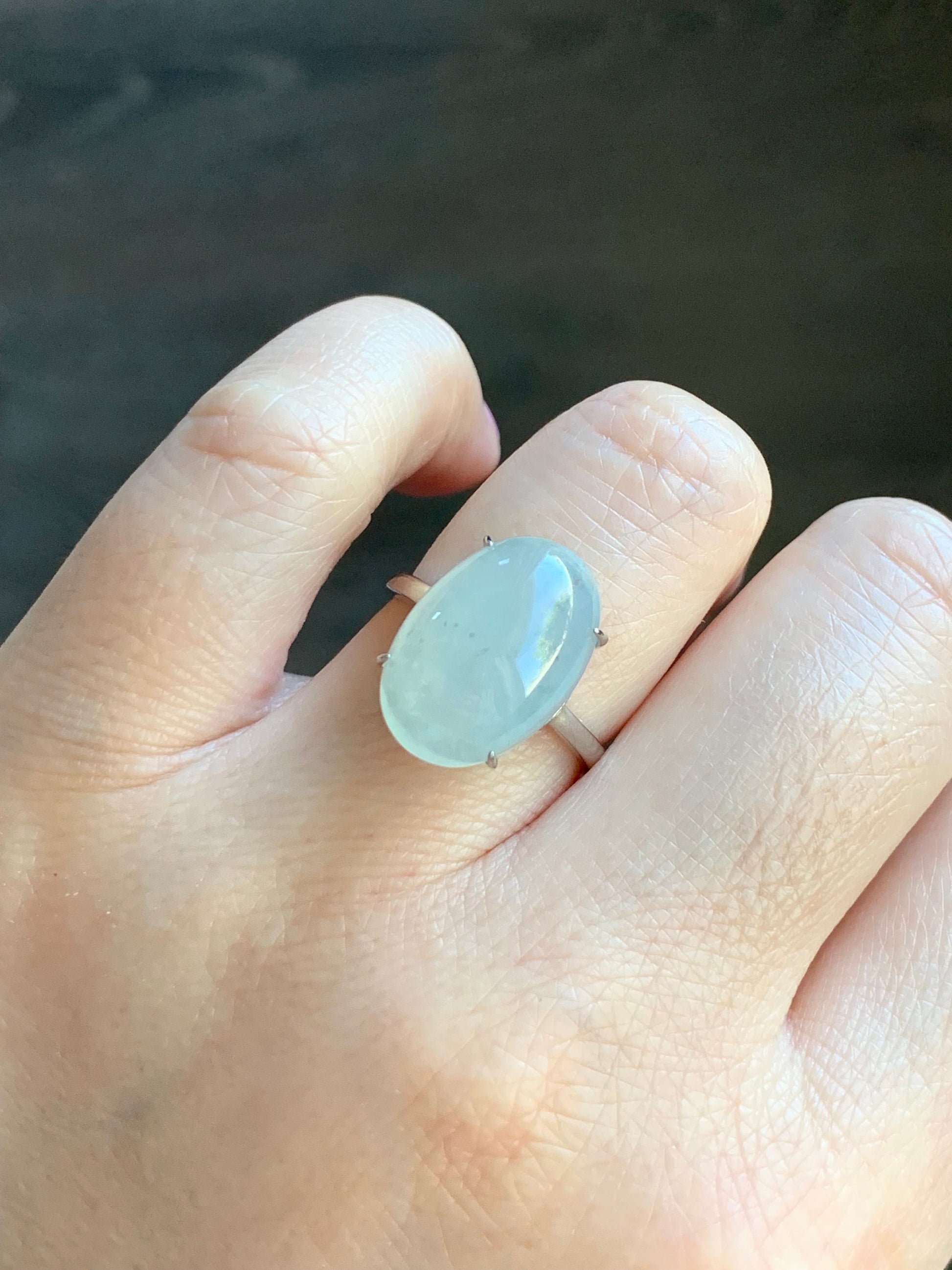 Natural Burmese Icy Translucent Gelatinous Large White Wuji Jadeite Solitaire Ring Sterling Silver Size Adjustable 天然缅甸冰胶白乌鸡翡翠蛋面银镶戒指 BWJ1228