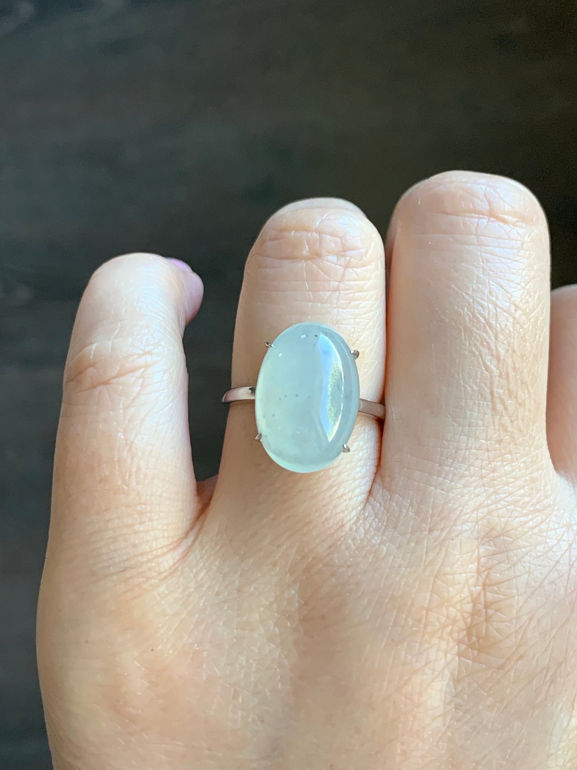 Natural Burmese Icy Translucent Gelatinous Large White Wuji Jadeite Solitaire Ring Sterling Silver Size Adjustable 天然缅甸冰胶白乌鸡翡翠蛋面银镶戒指 BWJ1228