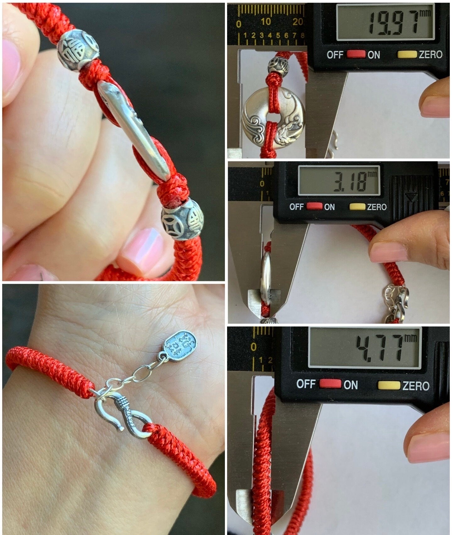 Solid 999 Sterling Silver Pixiu Engraved Ping An Kou Donut Blessing Amulet Red or Black Rope Bracelet 6.75” 13 grams 999足银手工貔貅平安扣纳福招财手绳