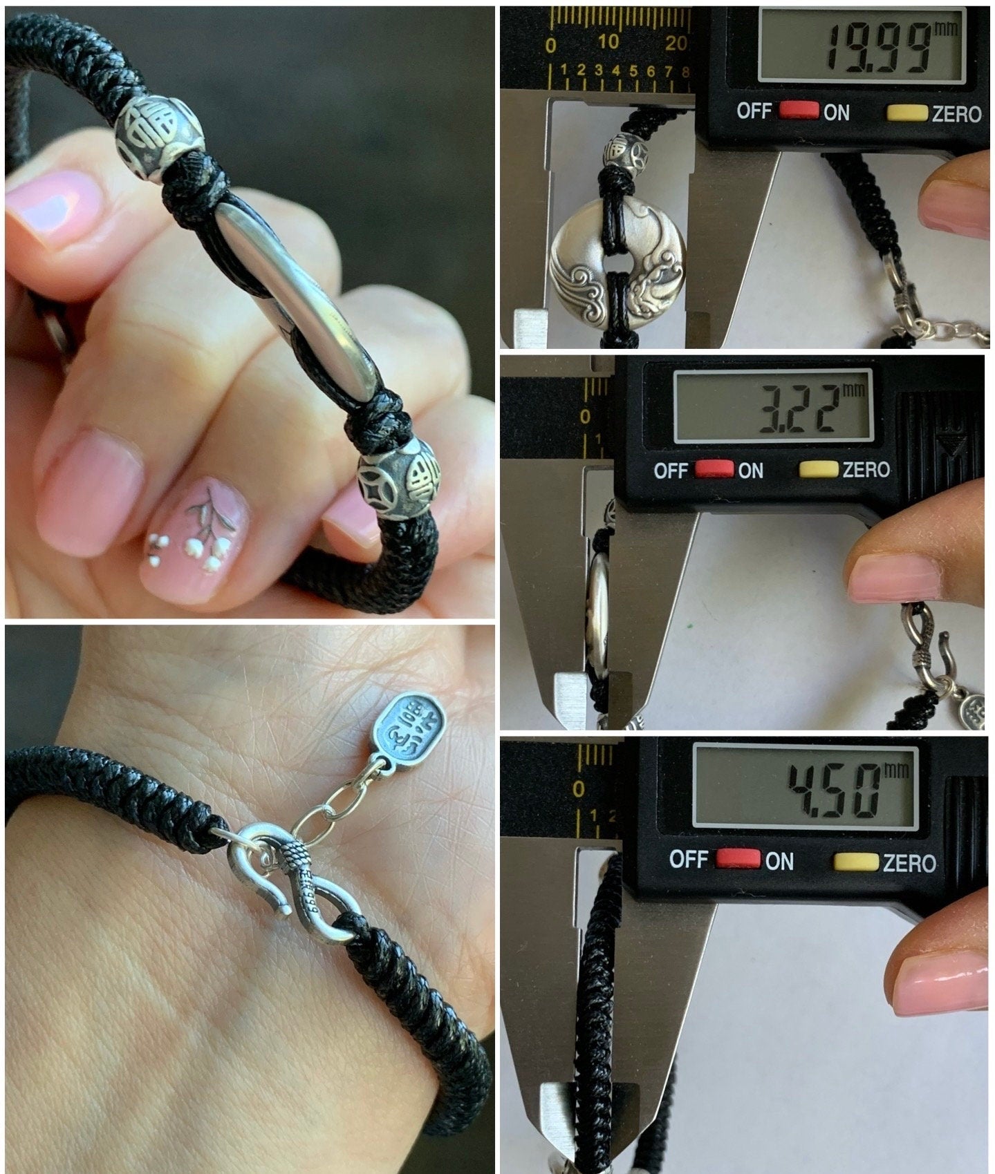 Solid 999 Sterling Silver Pixiu Engraved Ping An Kou Donut Blessing Amulet Red or Black Rope Bracelet 6.75” 13 grams 999足银手工貔貅平安扣纳福招财手绳