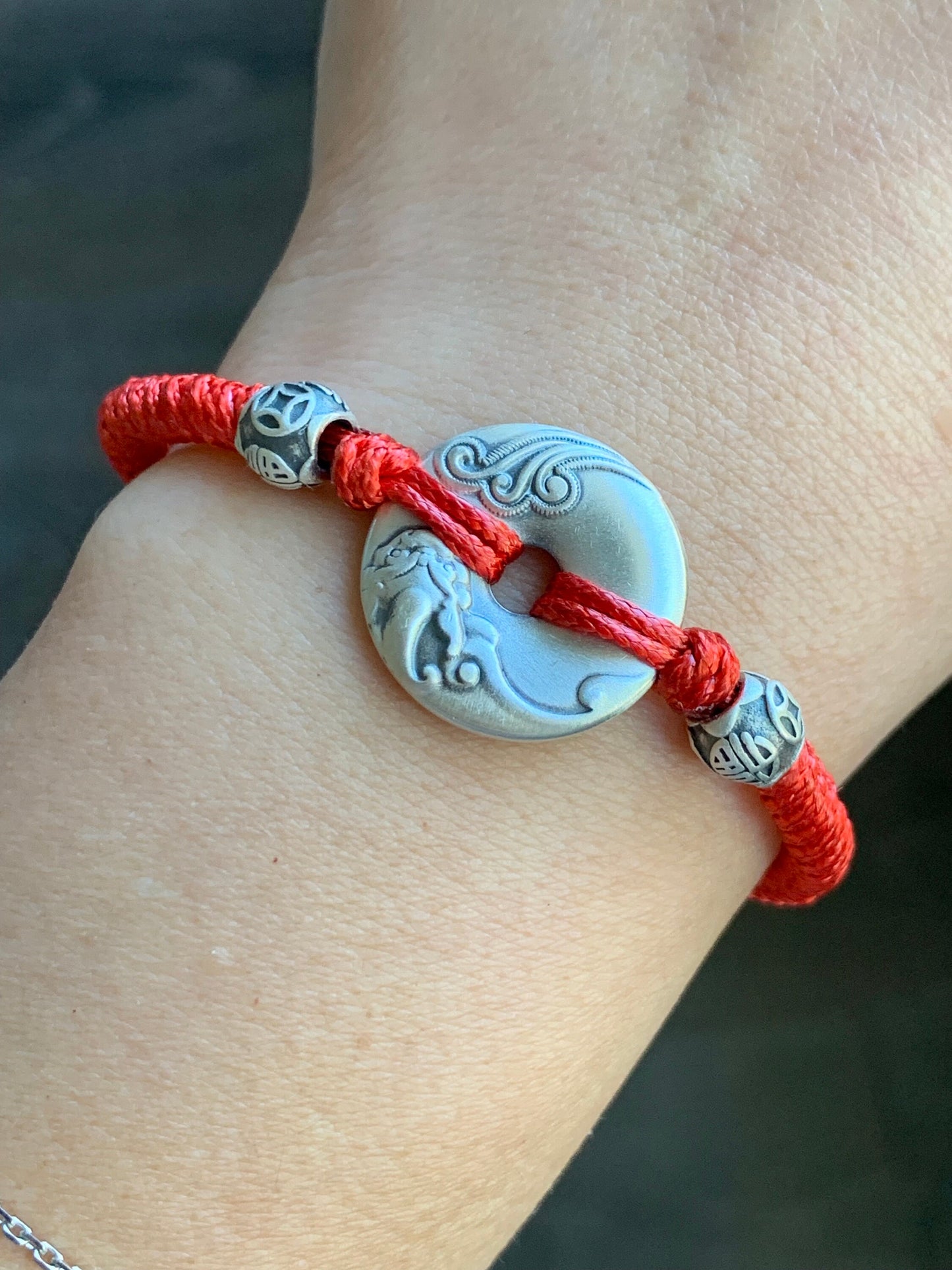 Solid 999 Sterling Silver Pixiu Engraved Ping An Kou Donut Blessing Amulet Red or Black Rope Bracelet 6.75” 13 grams 999足银手工貔貅平安扣纳福招财手绳