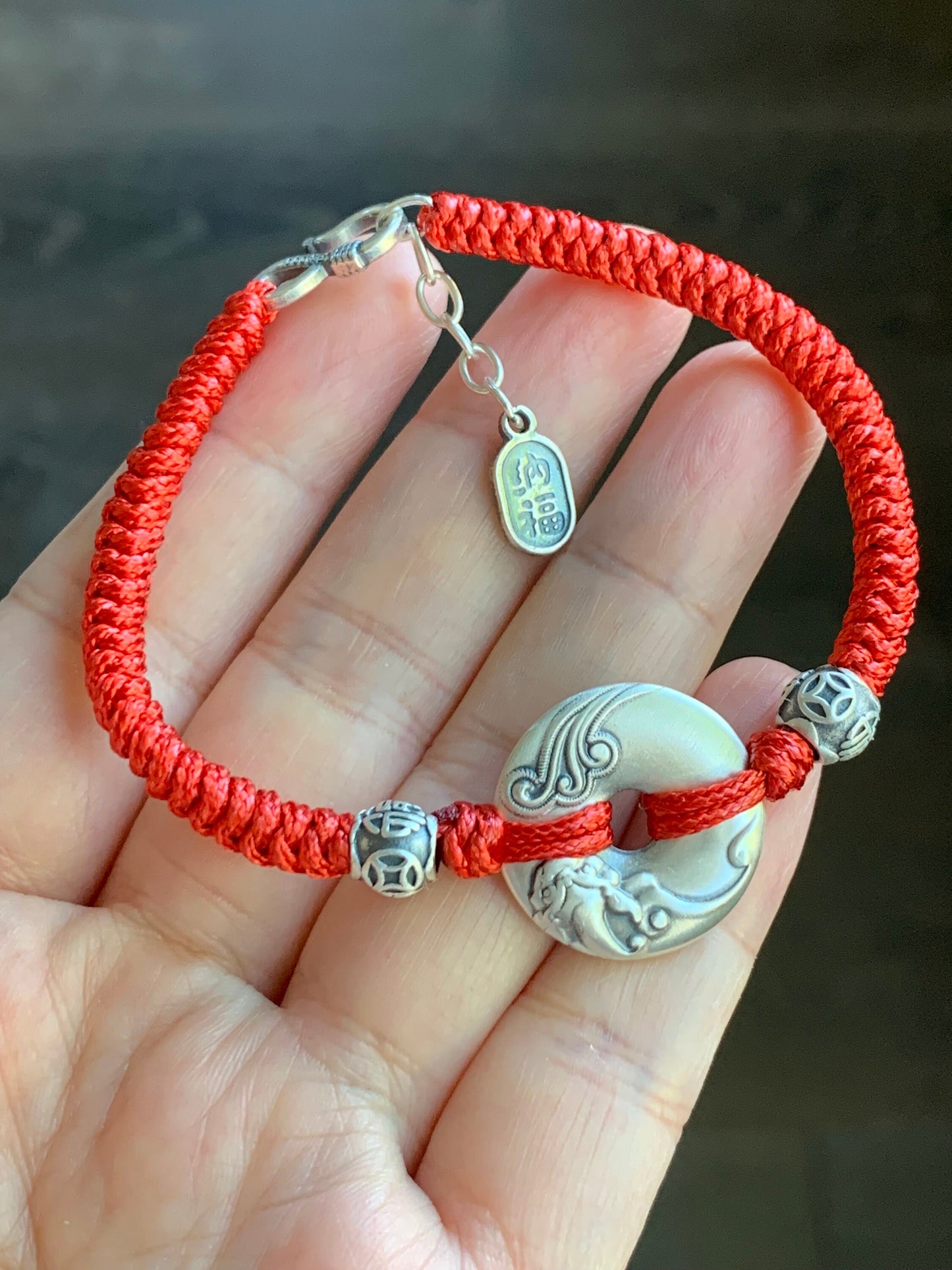Solid 999 Sterling Silver Pixiu Engraved Ping An Kou Donut Blessing Amulet Red or Black Rope Bracelet 6.75” 13 grams 999足银手工貔貅平安扣纳福招财手绳