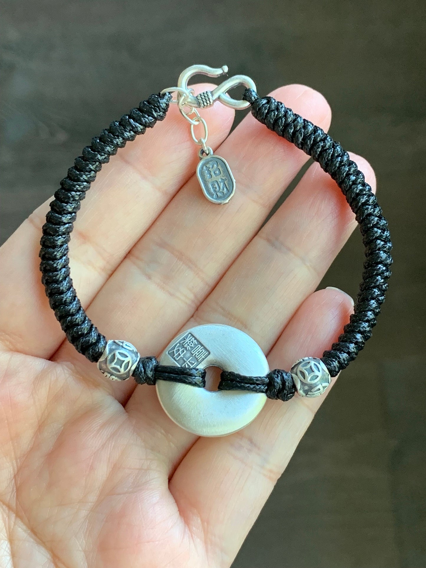 Solid 999 Sterling Silver Pixiu Engraved Ping An Kou Donut Blessing Amulet Red or Black Rope Bracelet 6.75” 13 grams 999足银手工貔貅平安扣纳福招财手绳