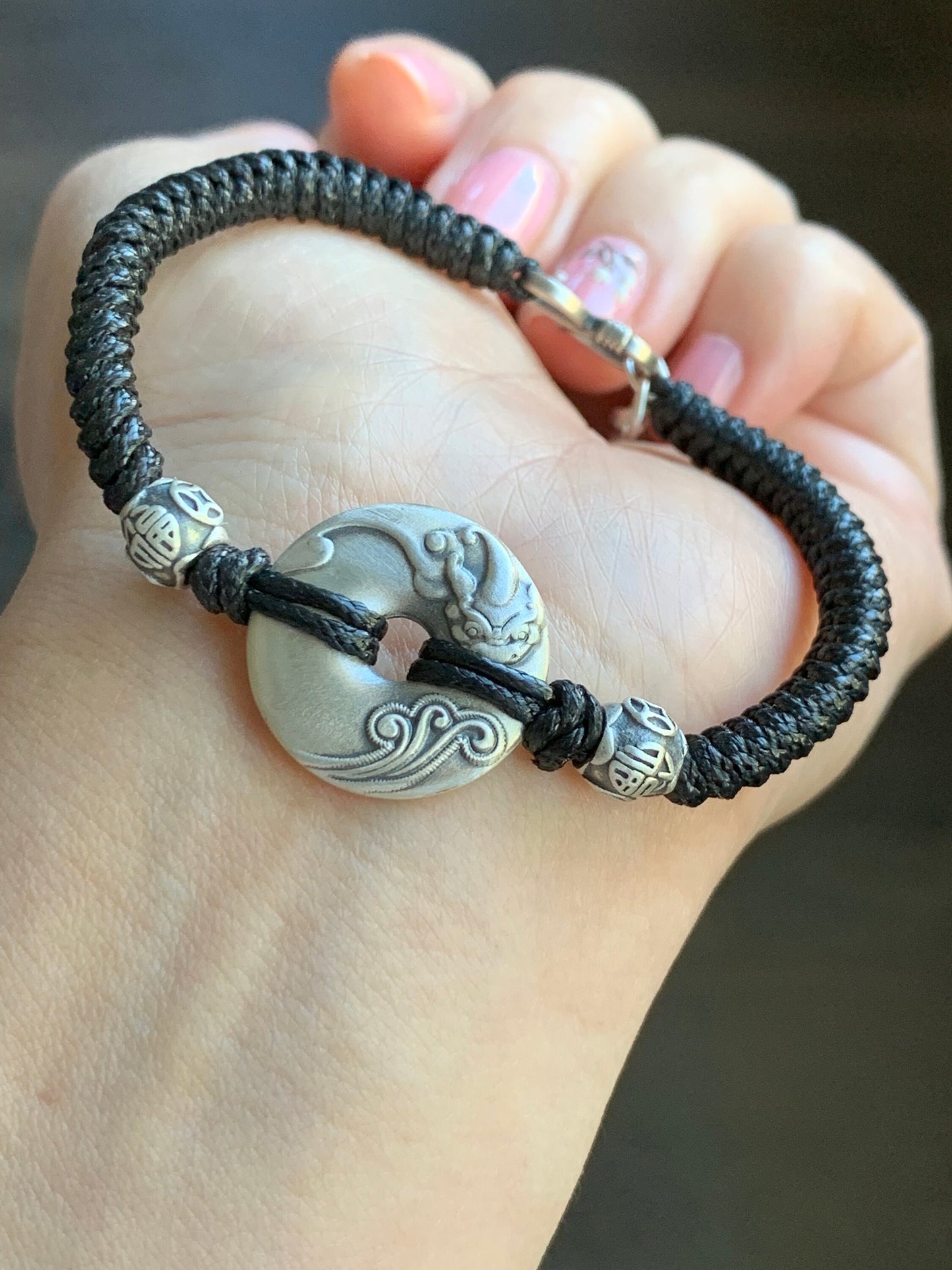 Solid 999 Sterling Silver Pixiu Engraved Ping An Kou Donut Blessing Amulet Red or Black Rope Bracelet 6.75” 13 grams 999足银手工貔貅平安扣纳福招财手绳