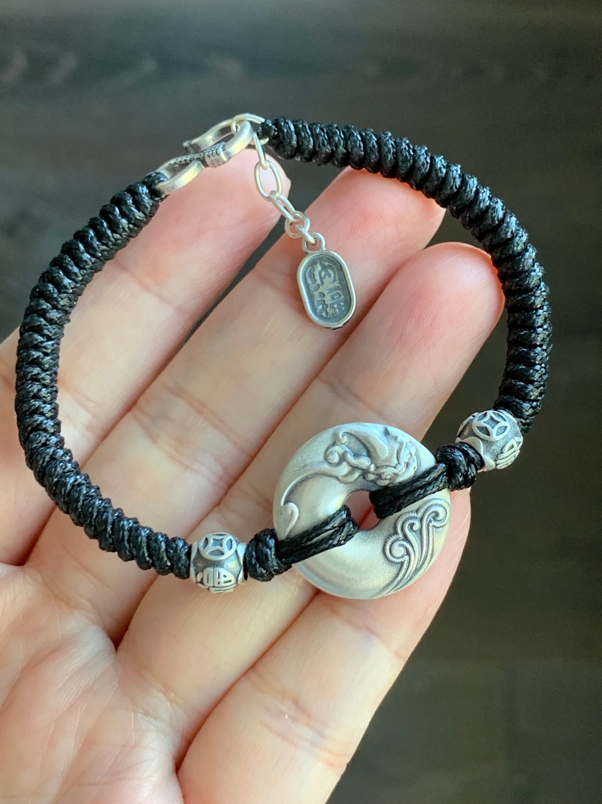 Solid 999 Sterling Silver Pixiu Engraved Ping An Kou Donut Blessing Amulet Red or Black Rope Bracelet 6.75” 13 grams 999足银手工貔貅平安扣纳福招财手绳