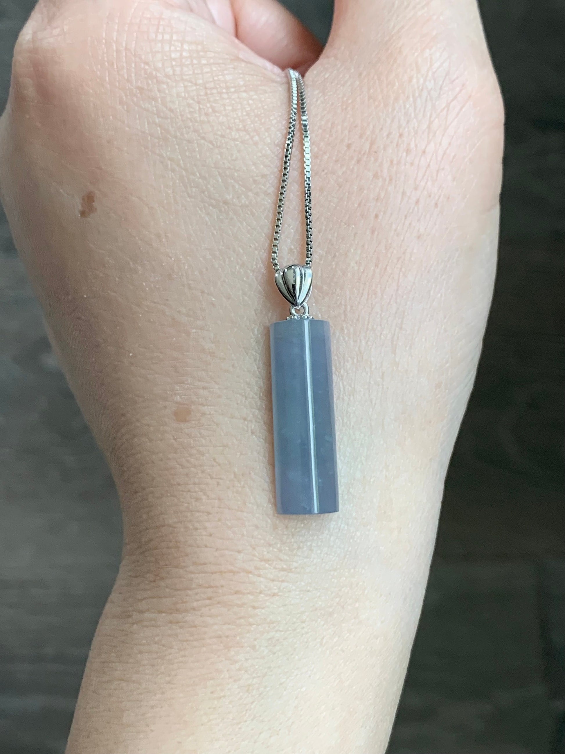 Certified Natural Guatemalan Icy Highly Translucent Light Purplish Blue Jadeite Semi Cylinder Pendant 18K White Gold 天然冰危淡蓝紫翡翠半圆柱镶嵌吊坠 3298