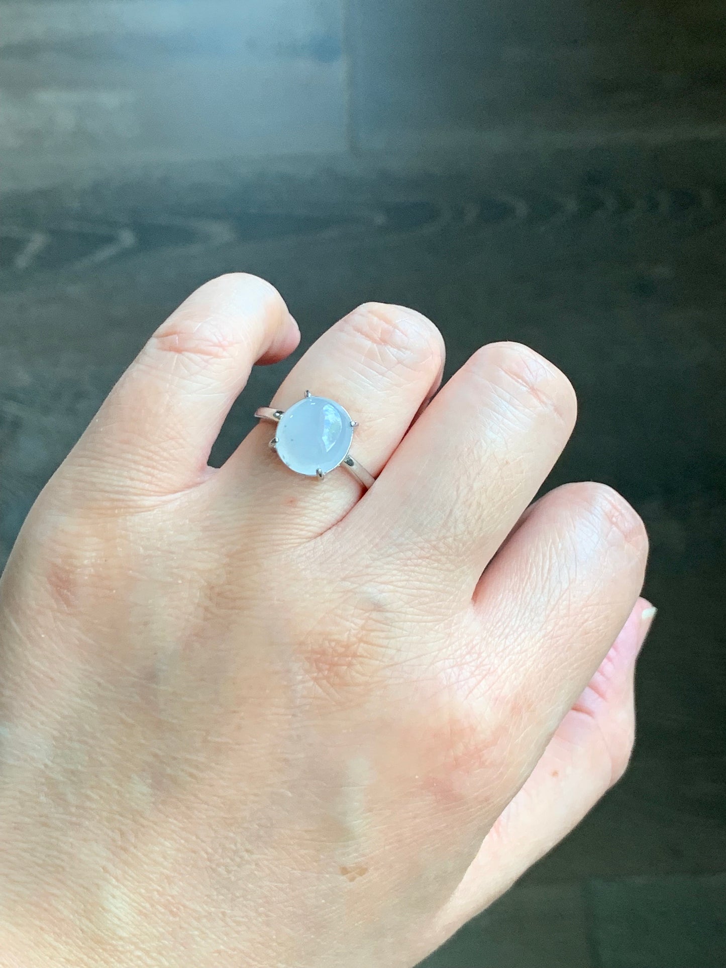 Natural Burmese Icy Translucent Gelatinous White Jadeite Wuji Marbling Ring Sterling Silver Size 7 Adjustable 天然缅甸白冰胶飘乌鸡翡翠蛋面银镶戒指 MBWJ80