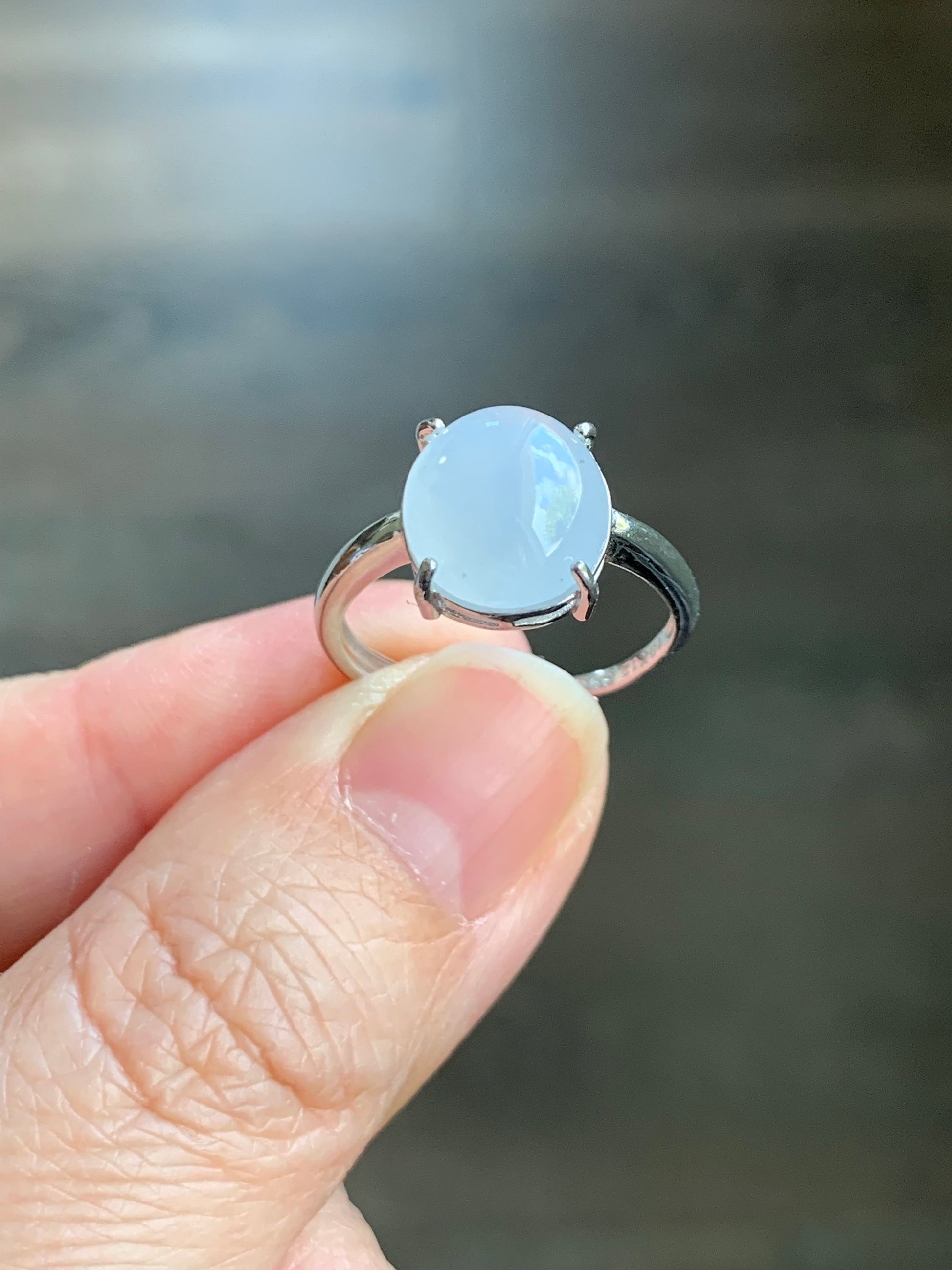 Natural Burmese Icy Translucent Gelatinous White Jadeite Wuji Marbling Ring Sterling Silver Size 7 Adjustable 天然缅甸白冰胶飘乌鸡翡翠蛋面银镶戒指 MBWJ80