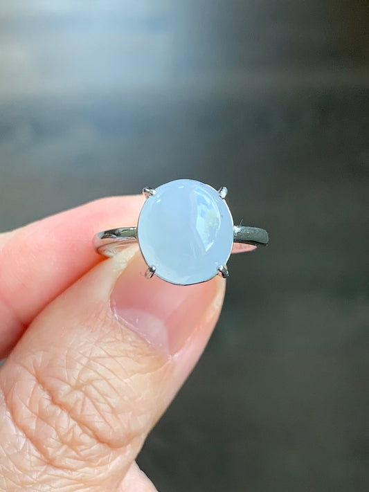 Natural Burmese Icy Translucent Gelatinous White Jadeite Wuji Marbling Ring Sterling Silver Size 7 Adjustable 天然缅甸白冰胶飘乌鸡翡翠蛋面银镶戒指 MBWJ80