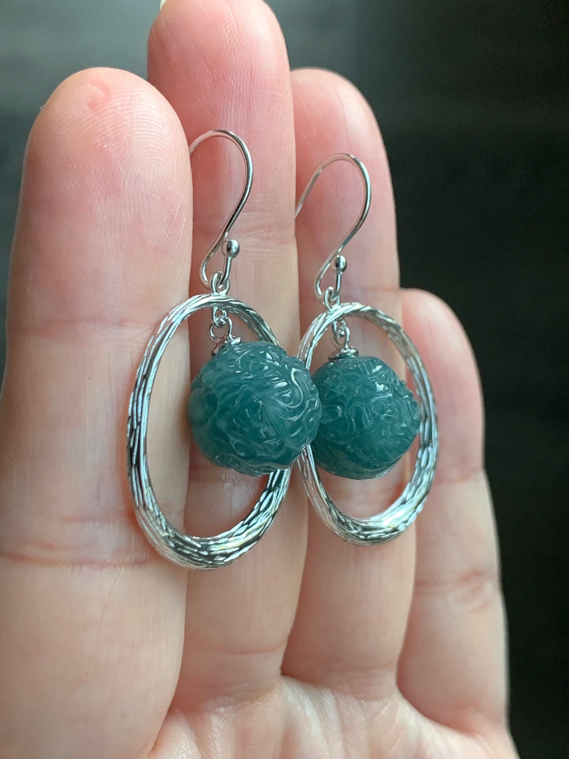 Natural Guatemalan Icy Translucent Teal Blue Jadeite Carved Dragon Ball Sphere Dangle Earrings Sterling Silver 9g 天然冰危蓝水翡翠龙珠银耳钩
