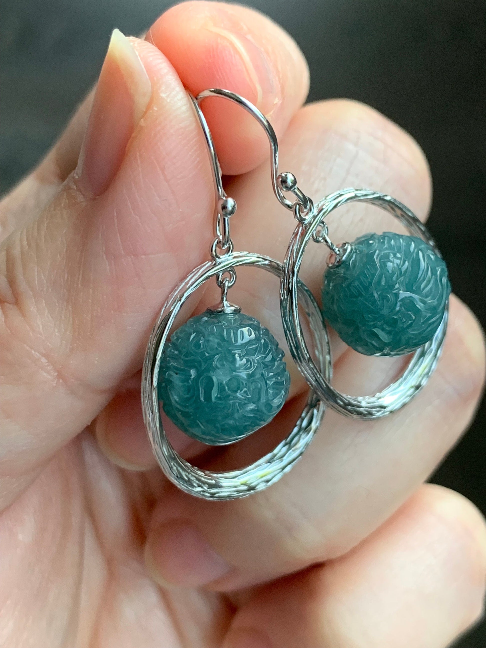 Natural Guatemalan Icy Translucent Teal Blue Jadeite Carved Dragon Ball Sphere Dangle Earrings Sterling Silver 9g 天然冰危蓝水翡翠龙珠银耳钩