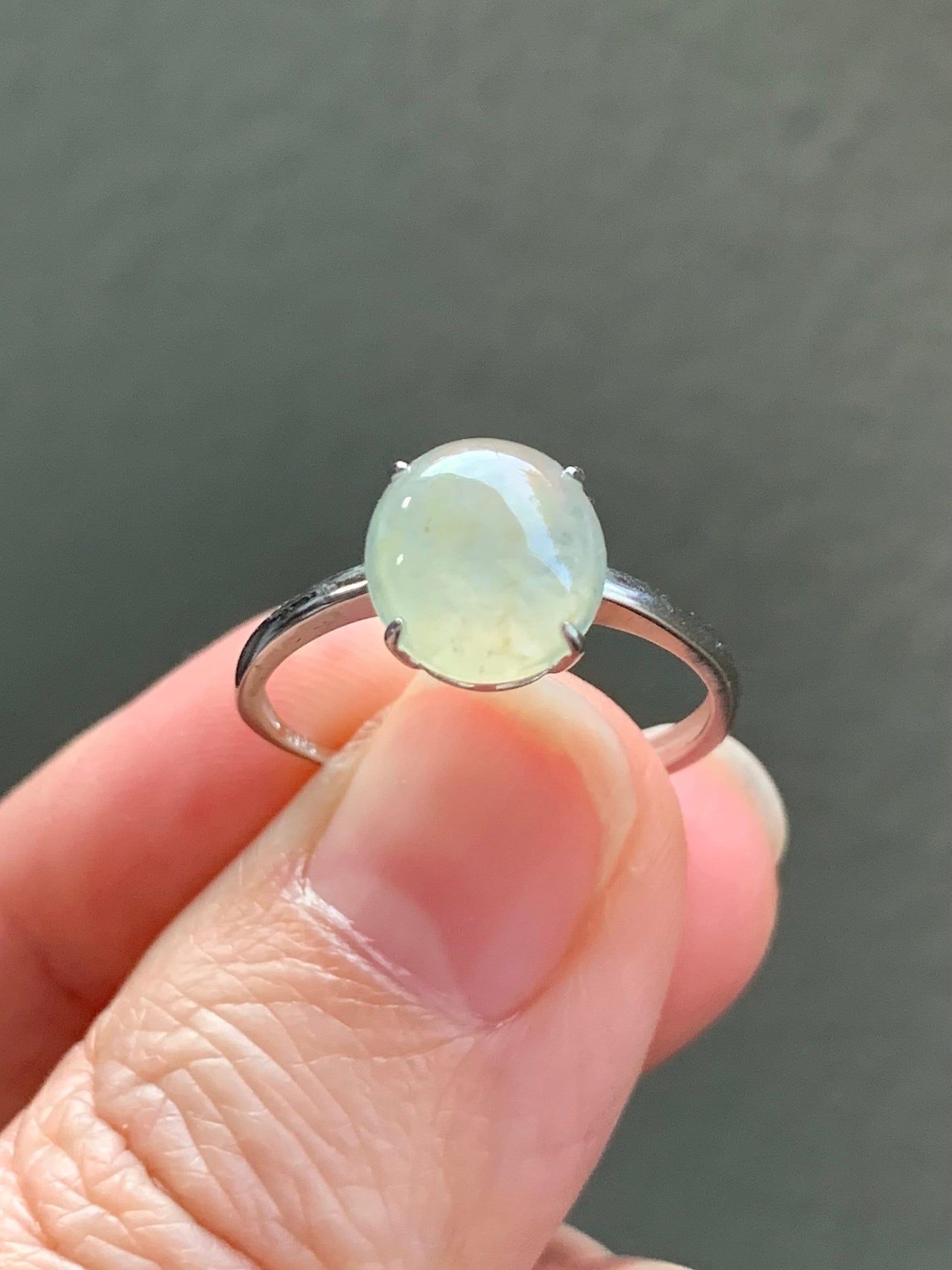 Natural Burmese Icy Translucent Light Yellow Jadeite Large Oval Cabochon Ring Sterling Silver Size 7 Adjustable 天然缅甸冰胶冰糖雪梨黄翡翠蛋面银镶戒指 DBH70