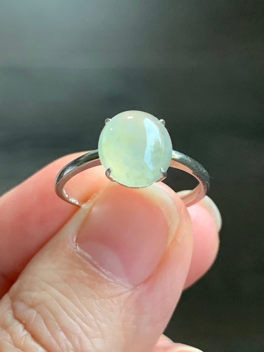 Natural Burmese Icy Translucent Light Yellow Jadeite Large Oval Cabochon Ring Sterling Silver Size 7 Adjustable 天然缅甸冰胶冰糖雪梨黄翡翠蛋面银镶戒指 DBH70