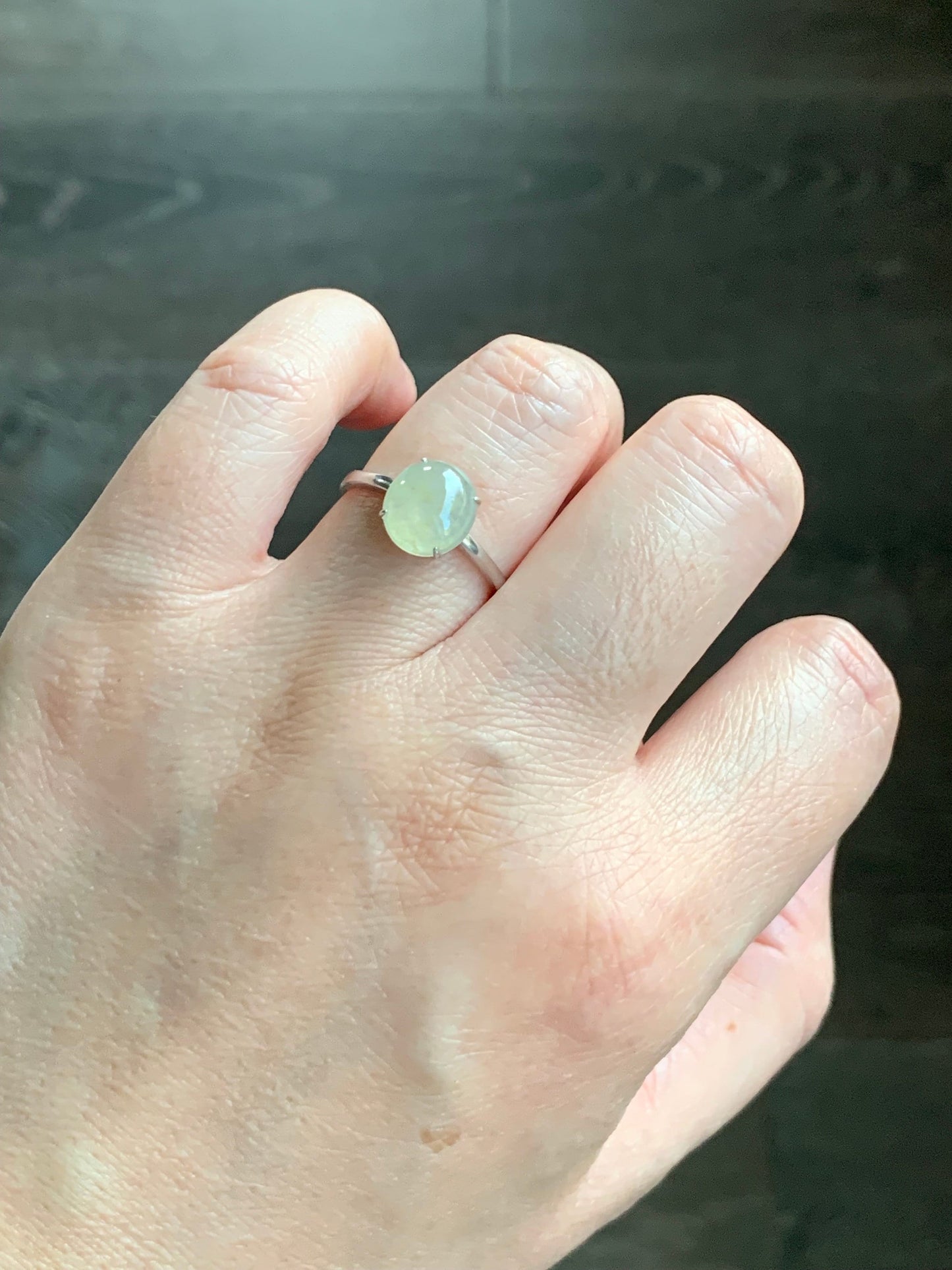 Natural Burmese Icy Translucent Light Yellow Jadeite Large Oval Cabochon Ring Sterling Silver Size 7 Adjustable 天然缅甸冰胶冰糖雪梨黄翡翠蛋面银镶戒指 DBH70