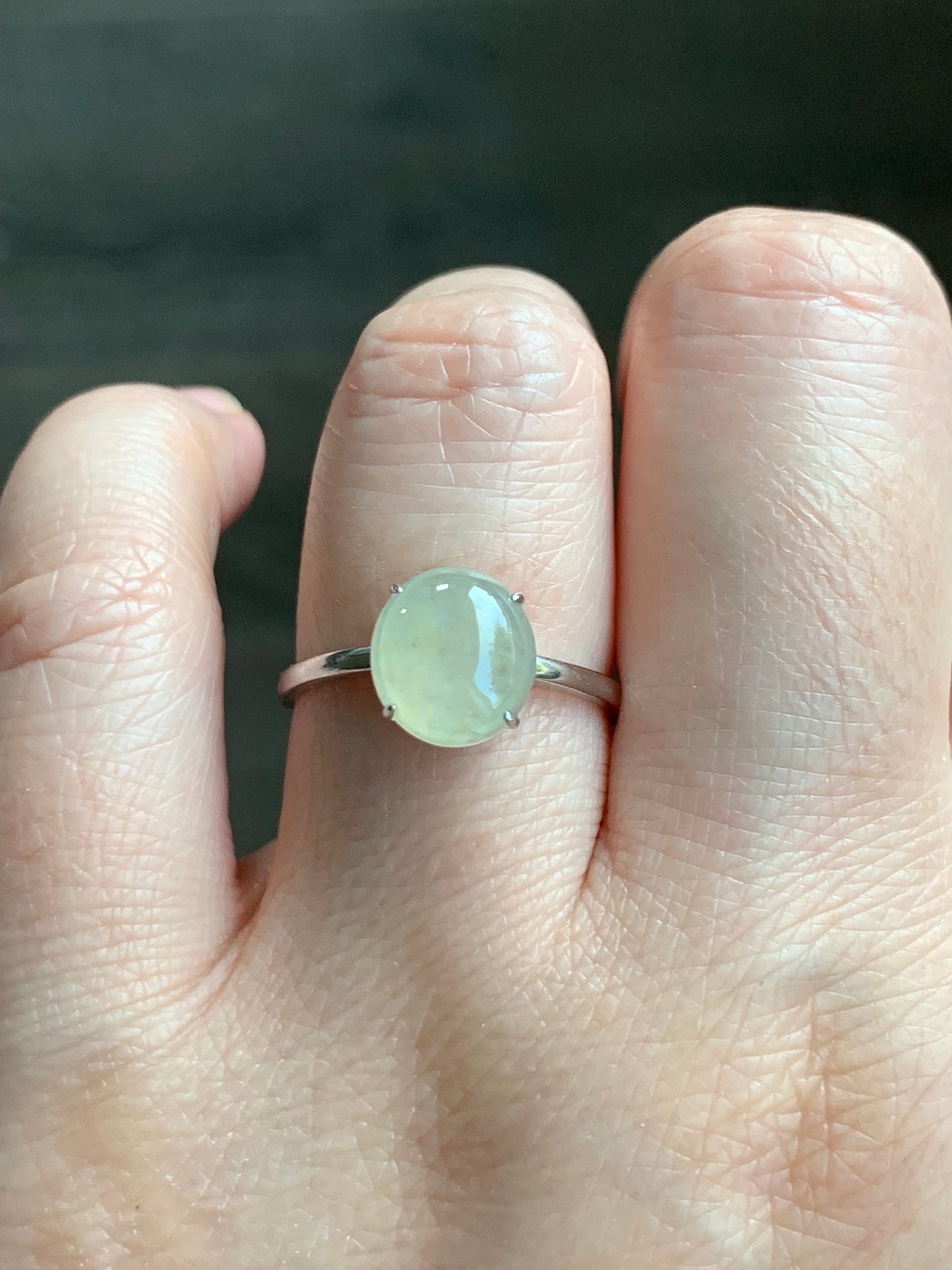 Natural Burmese Icy Translucent Light Yellow Jadeite Large Oval Cabochon Ring Sterling Silver Size 7 Adjustable 天然缅甸冰胶冰糖雪梨黄翡翠蛋面银镶戒指 DBH70