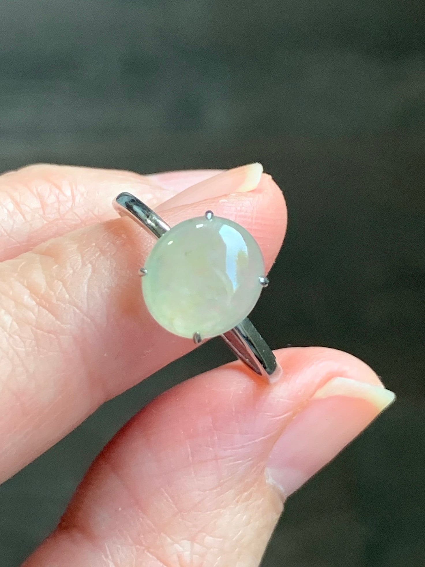 Natural Burmese Icy Translucent Light Yellow Jadeite Large Oval Cabochon Ring Sterling Silver Size 7 Adjustable 天然缅甸冰胶冰糖雪梨黄翡翠蛋面银镶戒指 DBH70