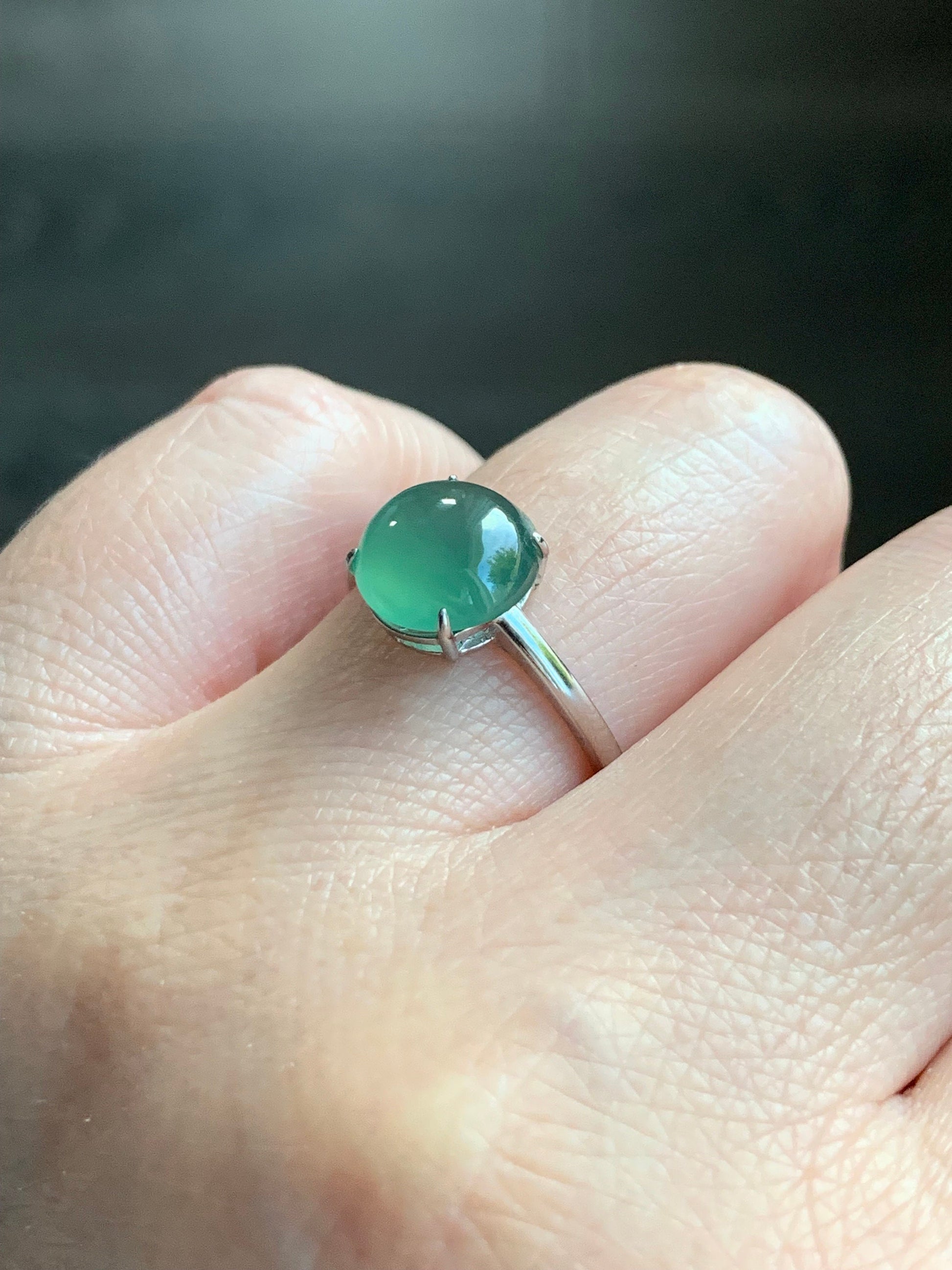 Natural Guatemalan Icy Translucent Gelatinous Light Green Jadeite Solitaire Ring Sterling Silver Size 7 Adjustable 天然冰危淡绿翡翠蛋面银镶戒指 WQX100