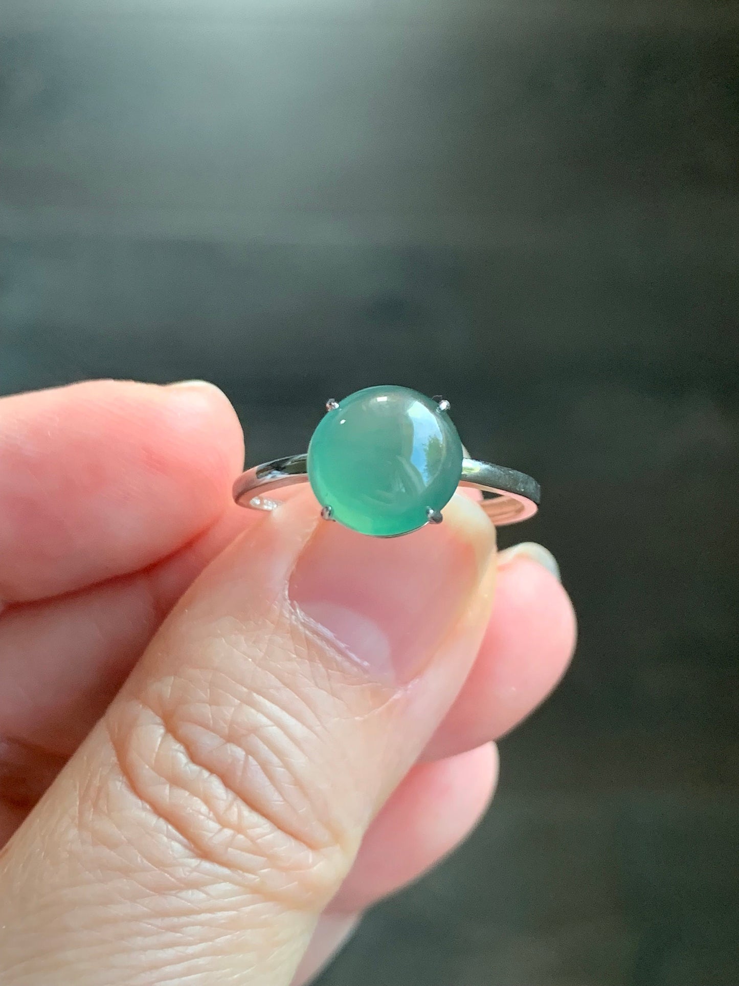 Natural Guatemalan Icy Translucent Gelatinous Light Green Jadeite Solitaire Ring Sterling Silver Size 7 Adjustable 天然冰危淡绿翡翠蛋面银镶戒指 WQX100