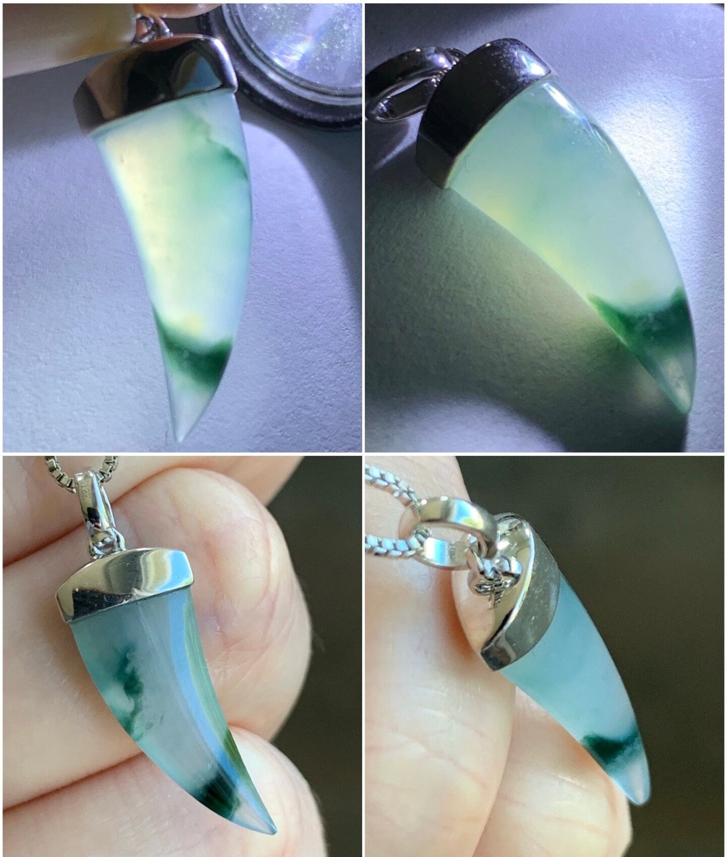 Certified Natural Burmese Icy Translucent Jadeite w/ Dark Green Marbling Dragon Tooth Pendant 18K White Gold 天然缅甸老种冰胶飘花翡翠龙牙镶嵌吊坠 3290