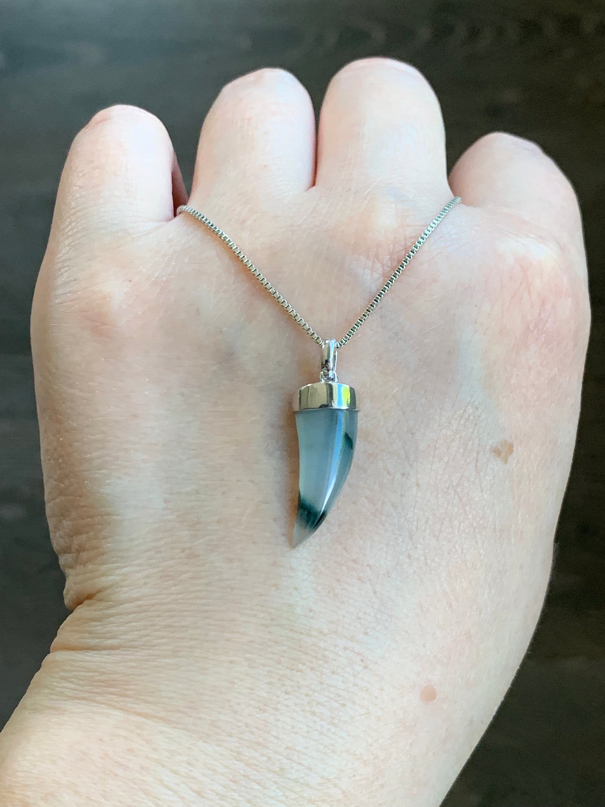 Certified Natural Burmese Icy Translucent Jadeite w/ Dark Green Marbling Dragon Tooth Pendant 18K White Gold 天然缅甸老种冰胶飘花翡翠龙牙镶嵌吊坠 3290