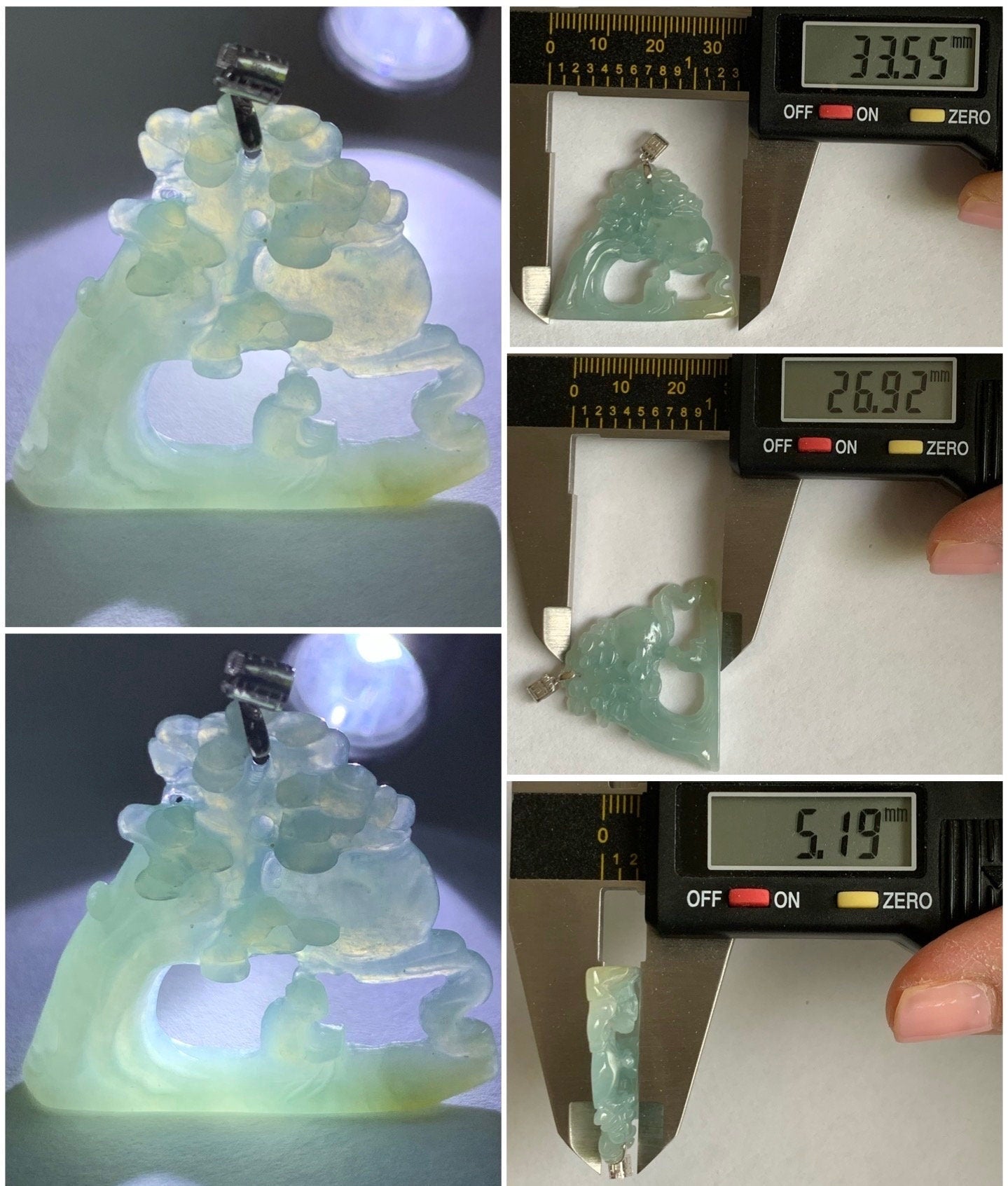 Natural Burmese Icy Translucent Gelatinous Light Blue & Yellow Jadeite Wu Dao Enlightenment Pendant 18K White Gold 天然缅甸冰胶淡蓝飘黄翡翠悟道镶嵌吊坠