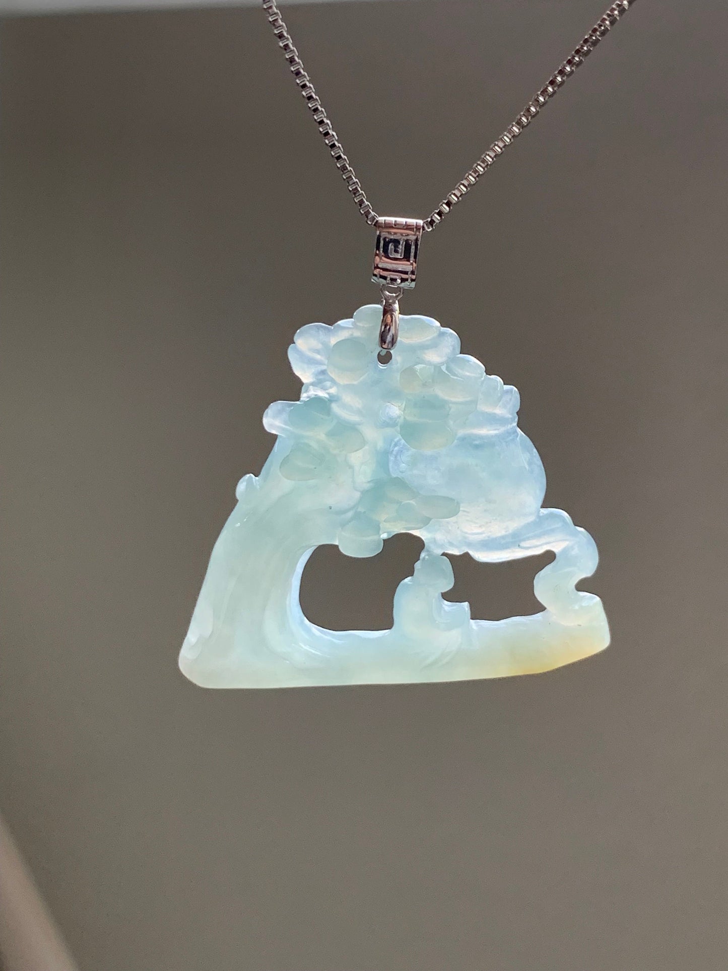 Natural Burmese Icy Translucent Gelatinous Light Blue & Yellow Jadeite Wu Dao Enlightenment Pendant 18K White Gold 天然缅甸冰胶淡蓝飘黄翡翠悟道镶嵌吊坠