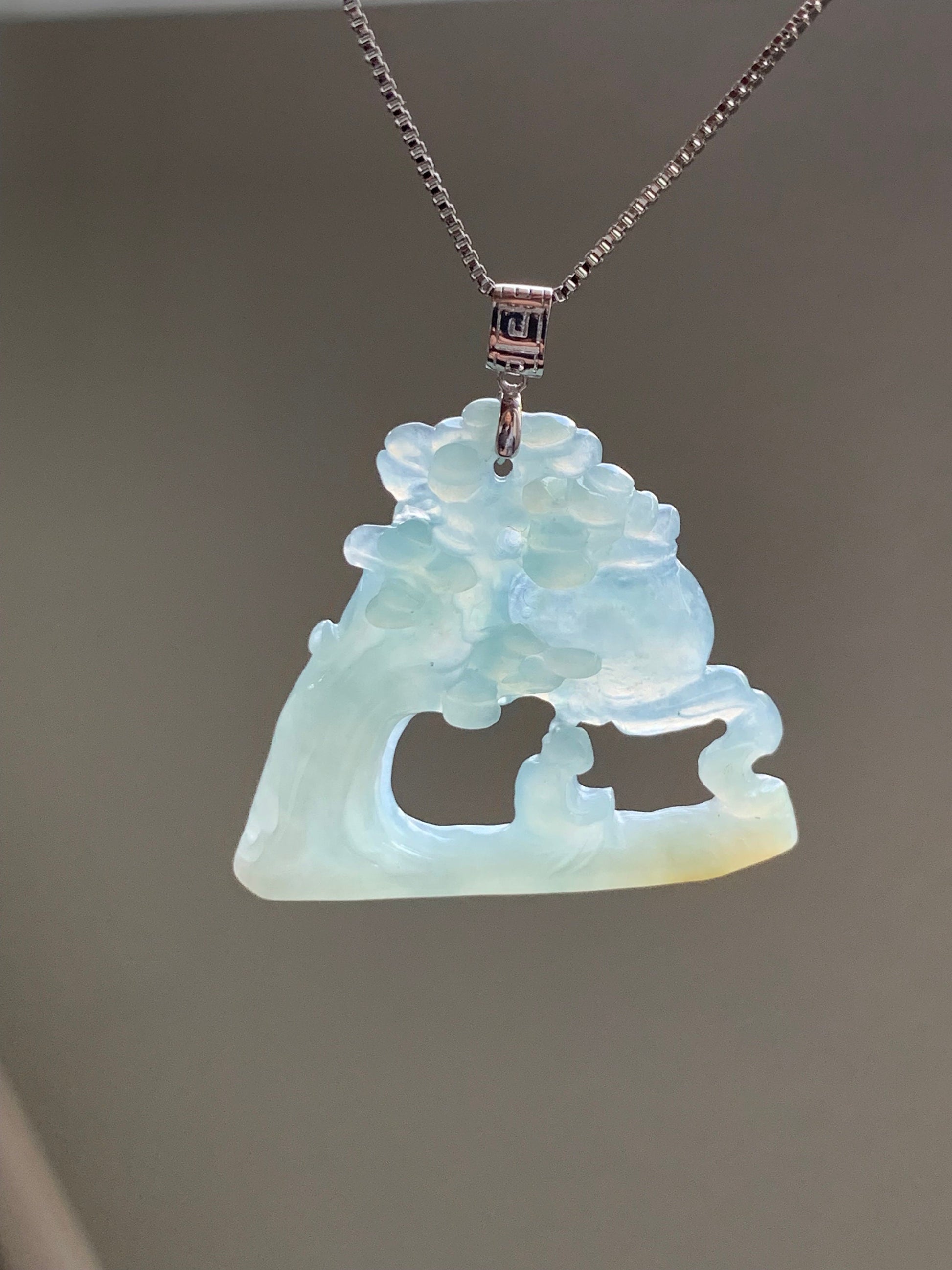 Natural Burmese Icy Translucent Gelatinous Light Blue & Yellow Jadeite Wu Dao Enlightenment Pendant 18K White Gold 天然缅甸冰胶淡蓝飘黄翡翠悟道镶嵌吊坠