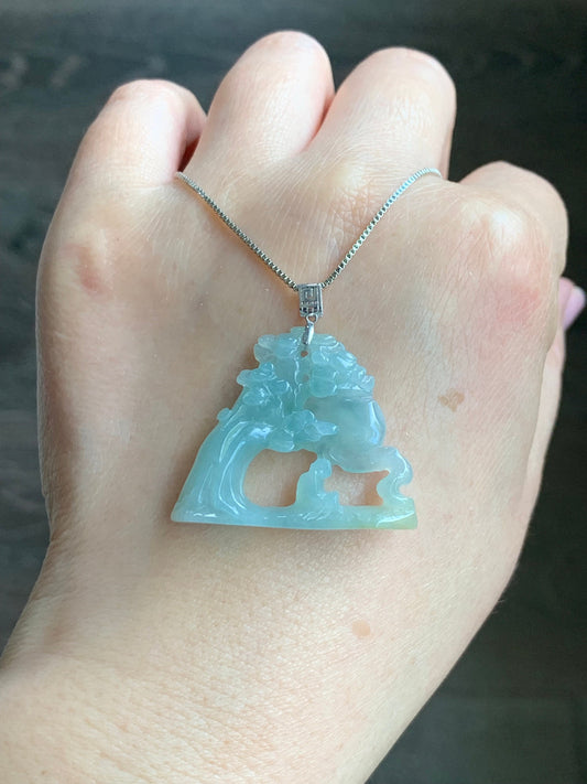 Natural Burmese Icy Translucent Gelatinous Light Blue & Yellow Jadeite Wu Dao Enlightenment Pendant 18K White Gold 天然缅甸冰胶淡蓝飘黄翡翠悟道镶嵌吊坠