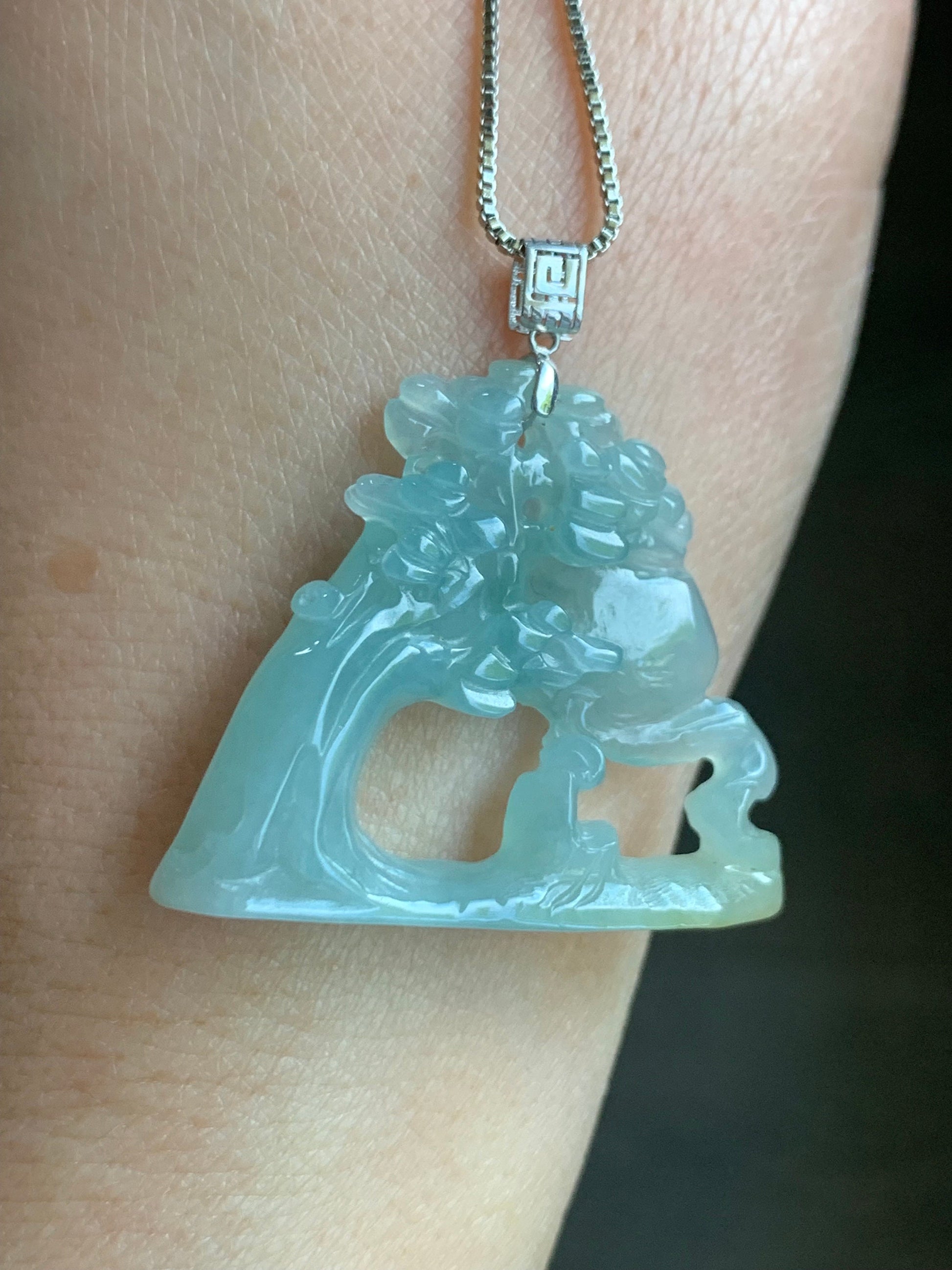 Natural Burmese Icy Translucent Gelatinous Light Blue & Yellow Jadeite Wu Dao Enlightenment Pendant 18K White Gold 天然缅甸冰胶淡蓝飘黄翡翠悟道镶嵌吊坠