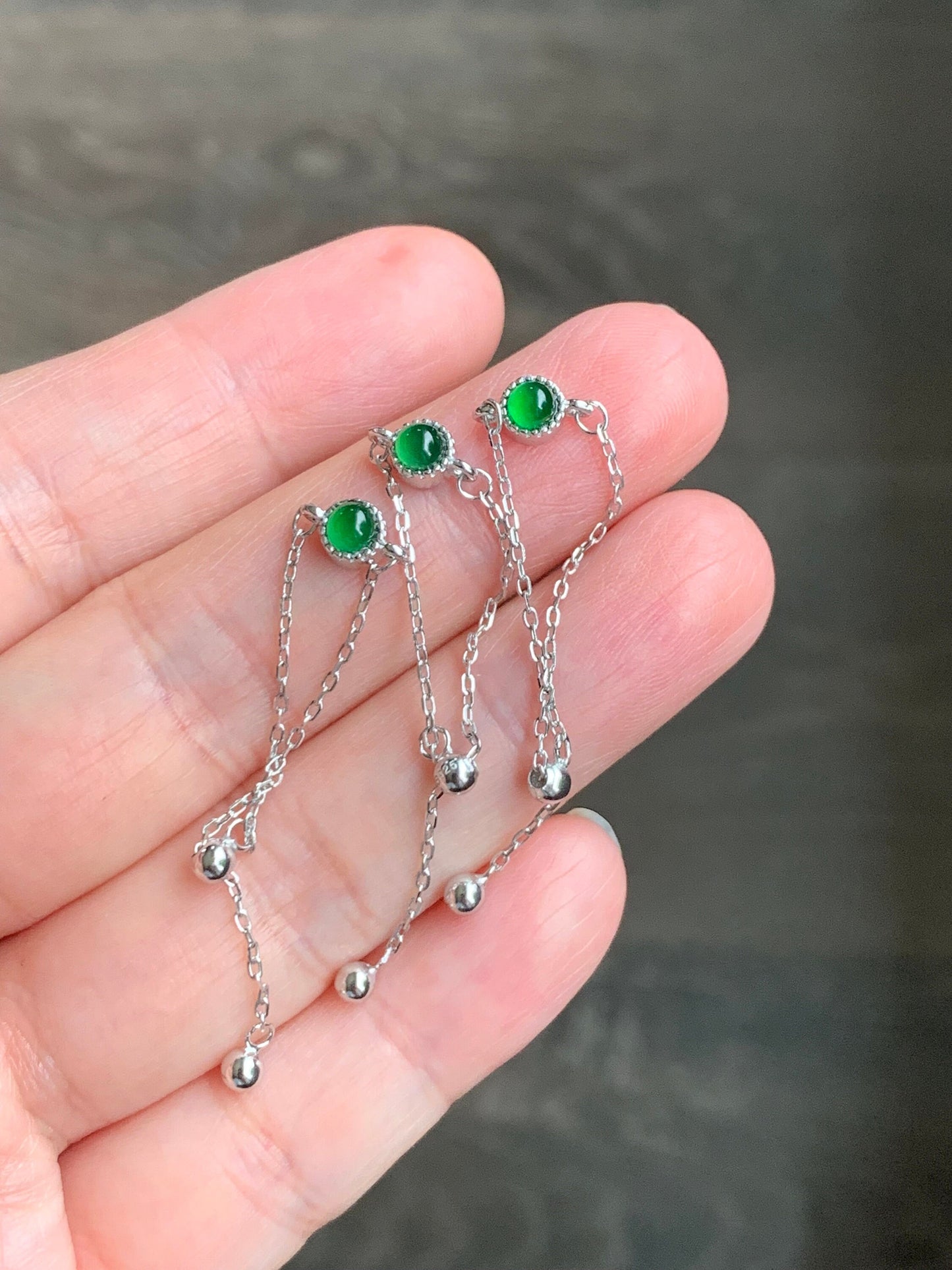 Natural Guatemalan Grade A Icy Vibrant Green Jadeite Round Cabochon Petite Chain Ring S925 Sterling Silver Adjustable 天然冰危绿翡翠镶嵌戒链戒指 LJ30