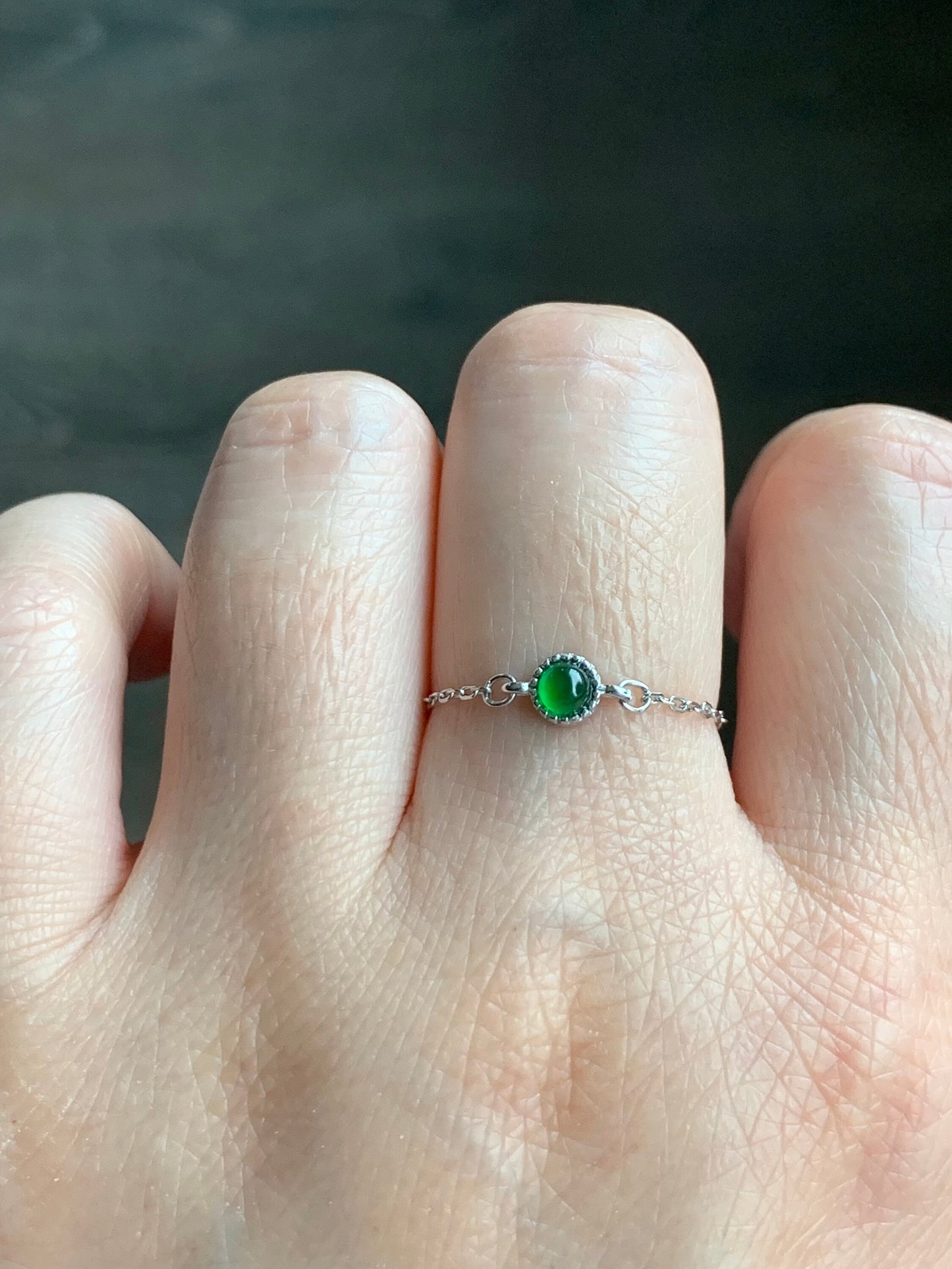 Natural Guatemalan Grade A Icy Vibrant Green Jadeite Round Cabochon Petite Chain Ring S925 Sterling Silver Adjustable 天然冰危绿翡翠镶嵌戒链戒指 LJ30