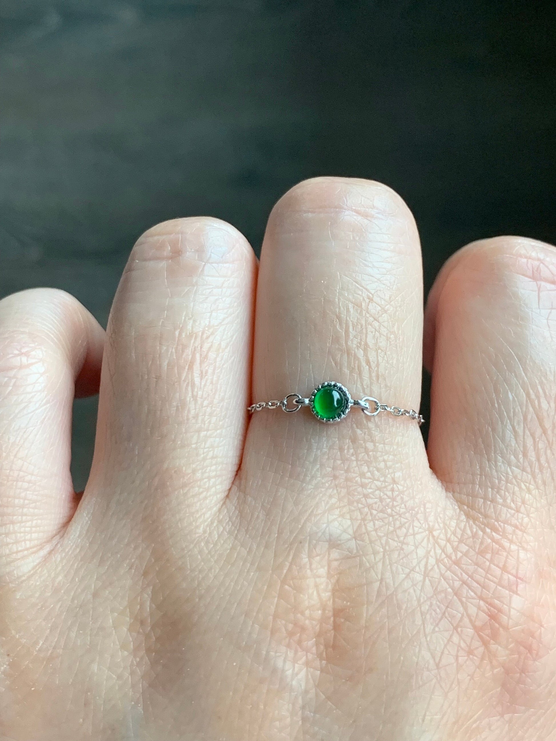 Natural Guatemalan Grade A Icy Vibrant Green Jadeite Round Cabochon Petite Chain Ring S925 Sterling Silver Adjustable 天然冰危绿翡翠镶嵌戒链戒指 LJ30