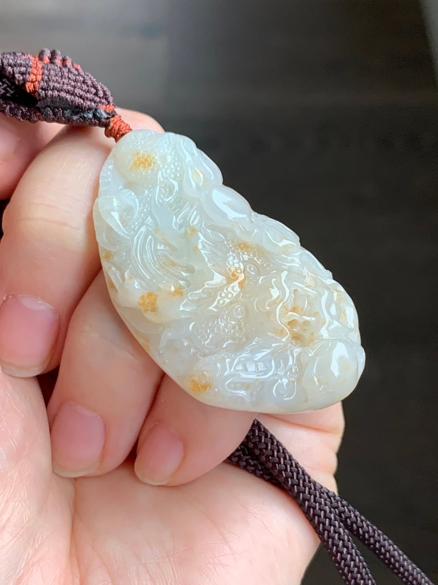 Natural Burmese Icy Translucent Beige Jadeite w/ Orange Marbling Carved Dragon Double Sided Pendant Rope Necklace 24" 27g 天然缅甸桂花糕翡翠精工龙牌双面雕吊坠