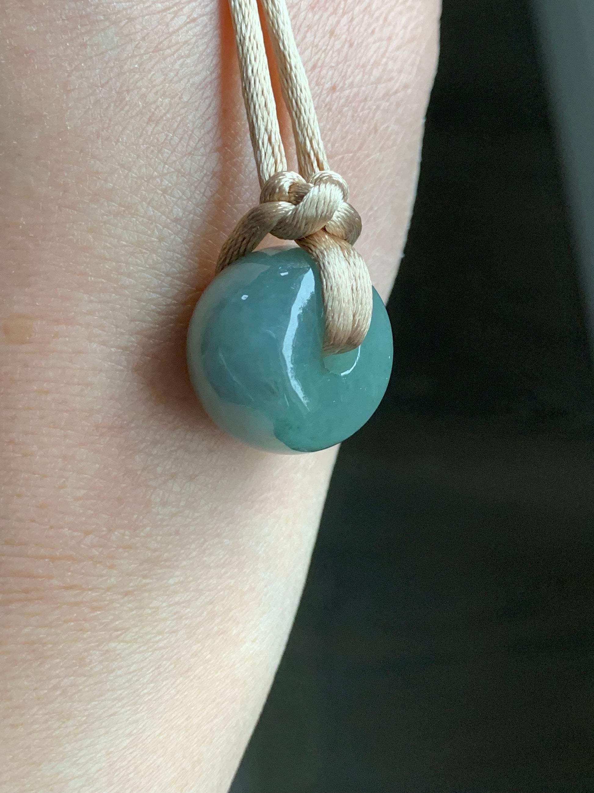 Large Natural Burmese Icy Translucent Dark Dusty Green Jadeite Drum Bead Pendant with Cord Necklace 27” Adjustable 天然缅甸冰糯灰绿翡翠肥鼓珠吊坠