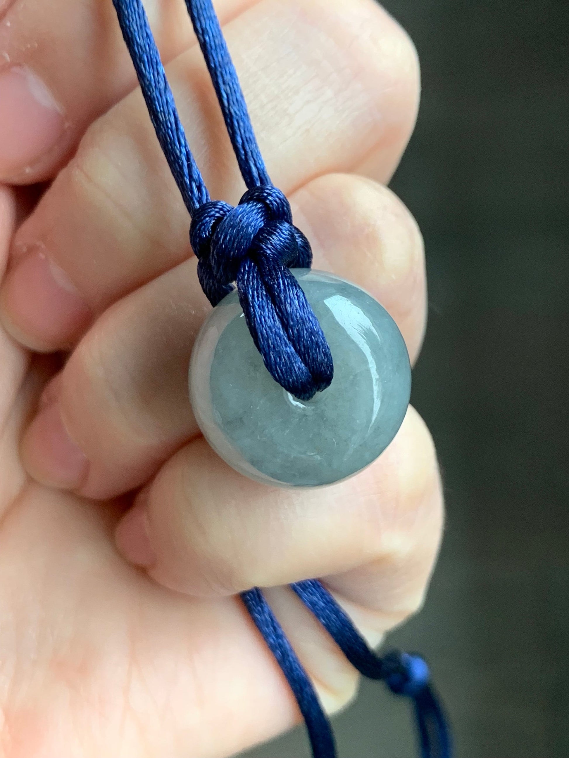 Large Natural Burmese Icy Translucent Dark Wuji Jadeite Drum Bead Pendant with Cord Necklace 23” Adjustable 天然缅甸冰糯乌鸡翡翠肥鼓珠吊坠