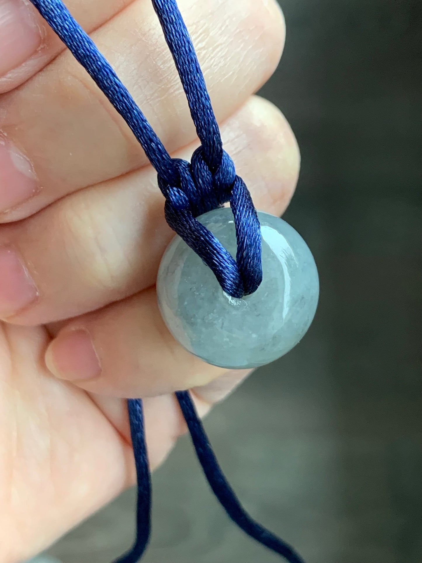 Large Natural Burmese Icy Translucent Dark Wuji Jadeite Drum Bead Pendant with Cord Necklace 23” Adjustable 天然缅甸冰糯乌鸡翡翠肥鼓珠吊坠