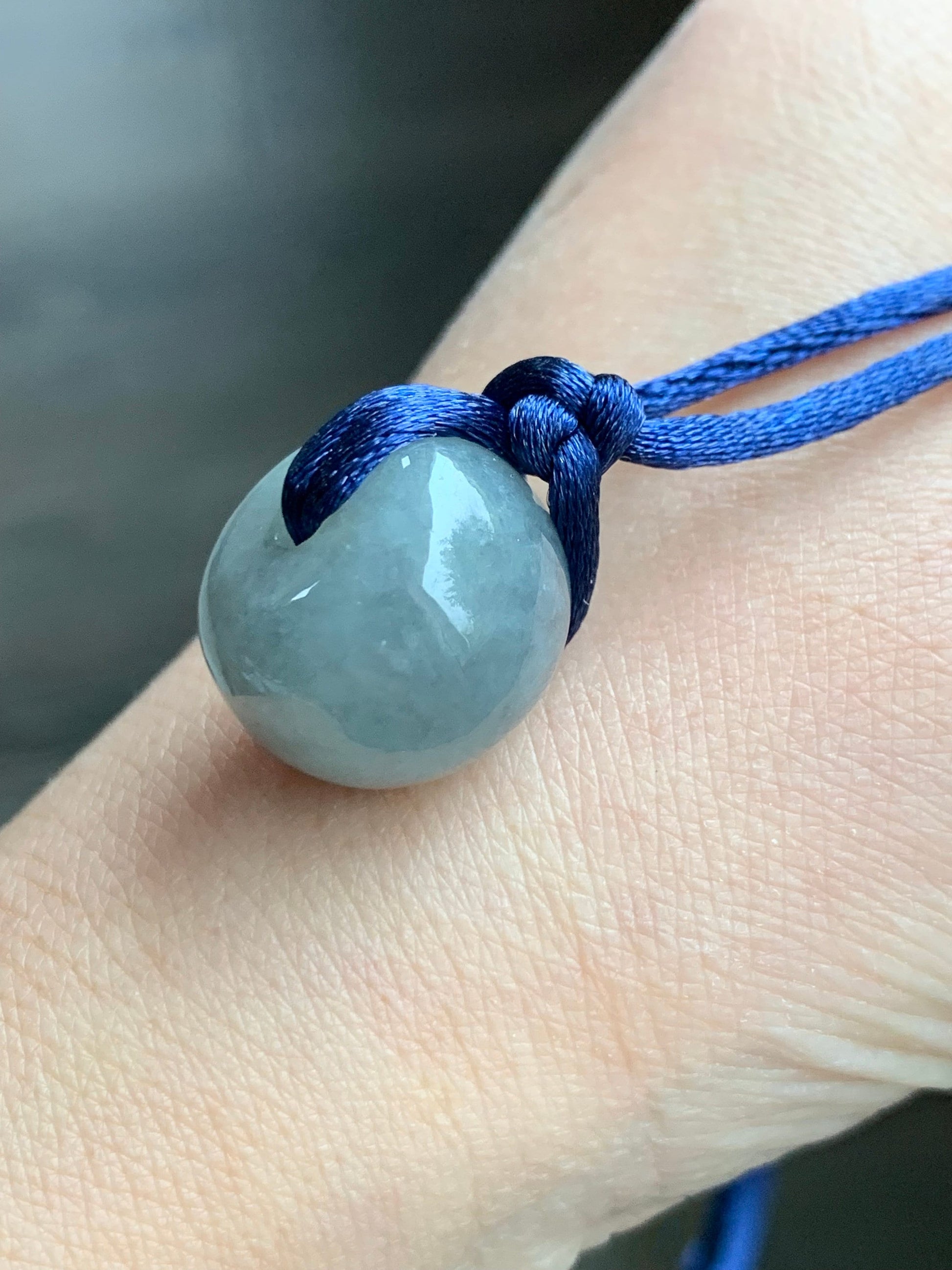 Large Natural Burmese Icy Translucent Dark Wuji Jadeite Drum Bead Pendant with Cord Necklace 23” Adjustable 天然缅甸冰糯乌鸡翡翠肥鼓珠吊坠