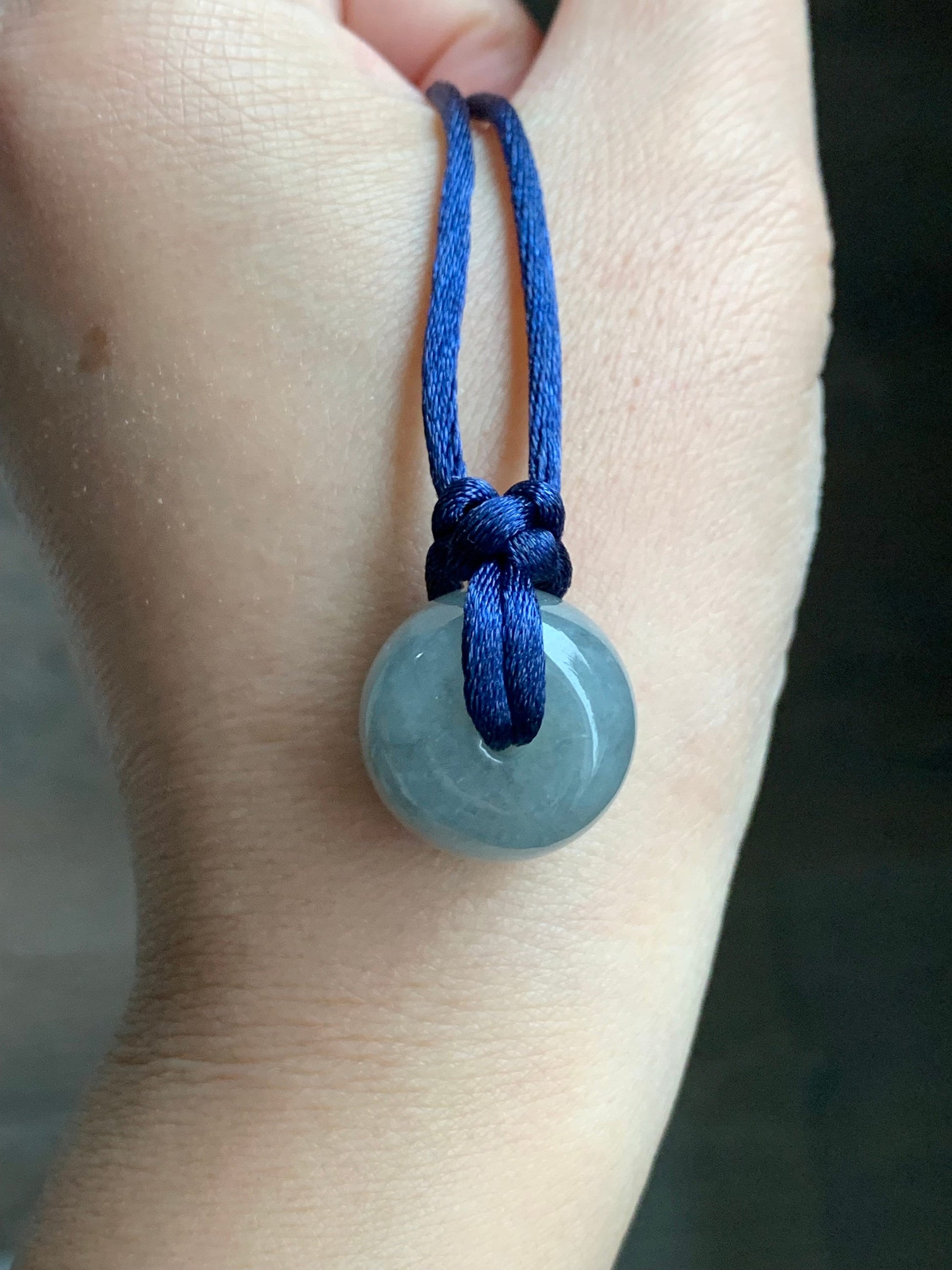 Large Natural Burmese Icy Translucent Dark Wuji Jadeite Drum Bead Pendant with Cord Necklace 23” Adjustable 天然缅甸冰糯乌鸡翡翠肥鼓珠吊坠