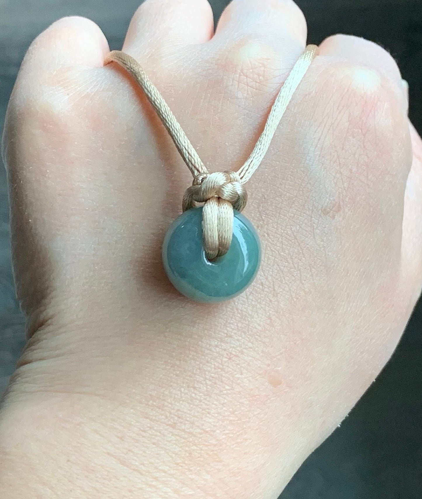 Large Natural Burmese Icy Translucent Dark Dusty Green Jadeite Drum Bead Pendant with Cord Necklace 27” Adjustable 天然缅甸冰糯灰绿翡翠肥鼓珠吊坠