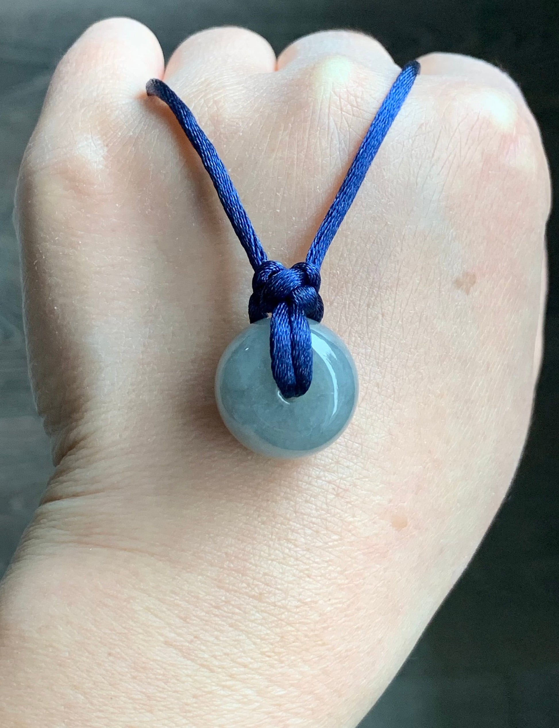Large Natural Burmese Icy Translucent Dark Wuji Jadeite Drum Bead Pendant with Cord Necklace 23” Adjustable 天然缅甸冰糯乌鸡翡翠肥鼓珠吊坠
