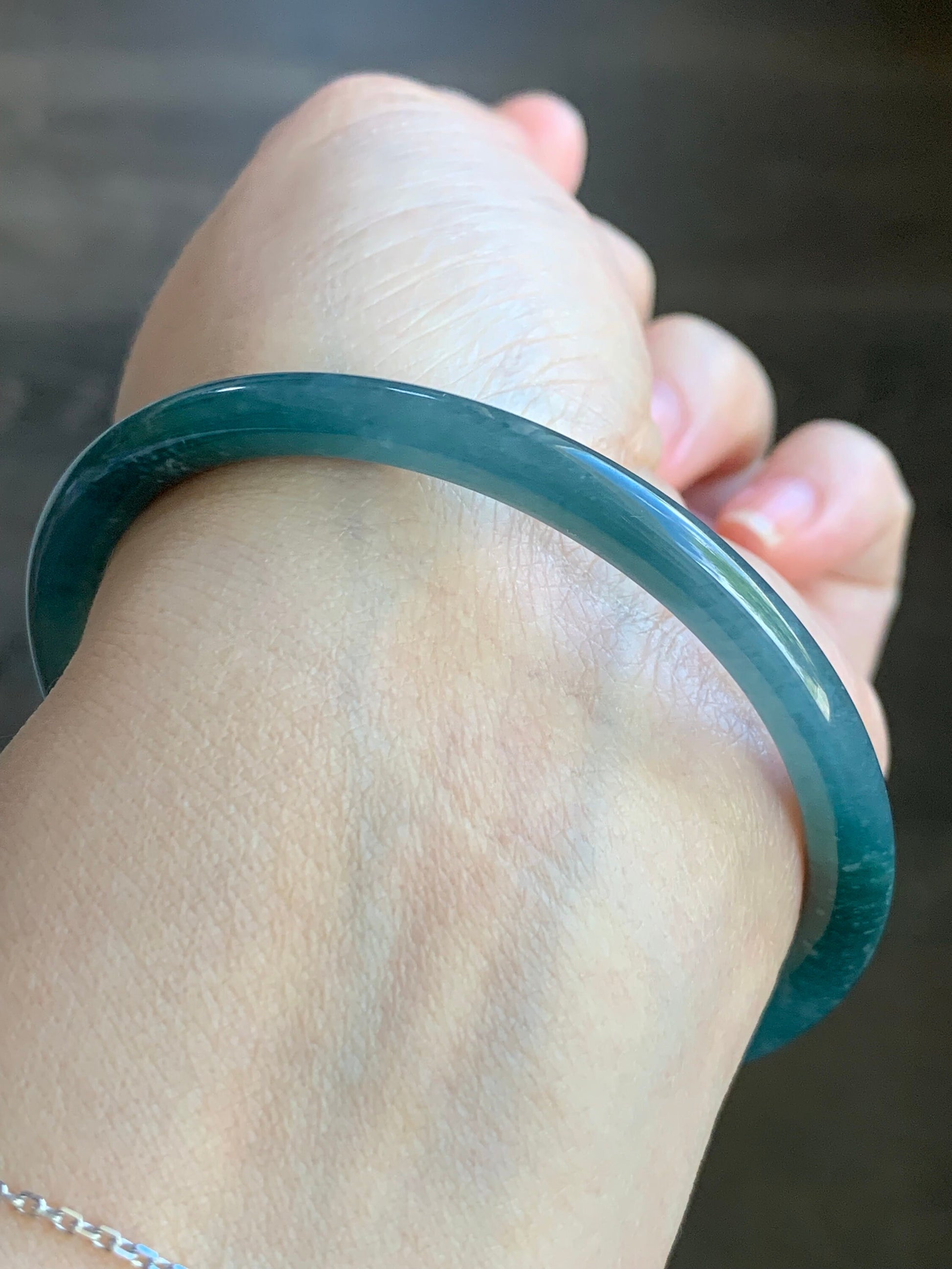 Certified Natural Guatemalan Icy Translucent Dark Teal Blue Jadeite Bangle Bracelet 59.1mm 5.6x6mm 17.47g 天然冰危蓝水翡翠细圆手镯 3248