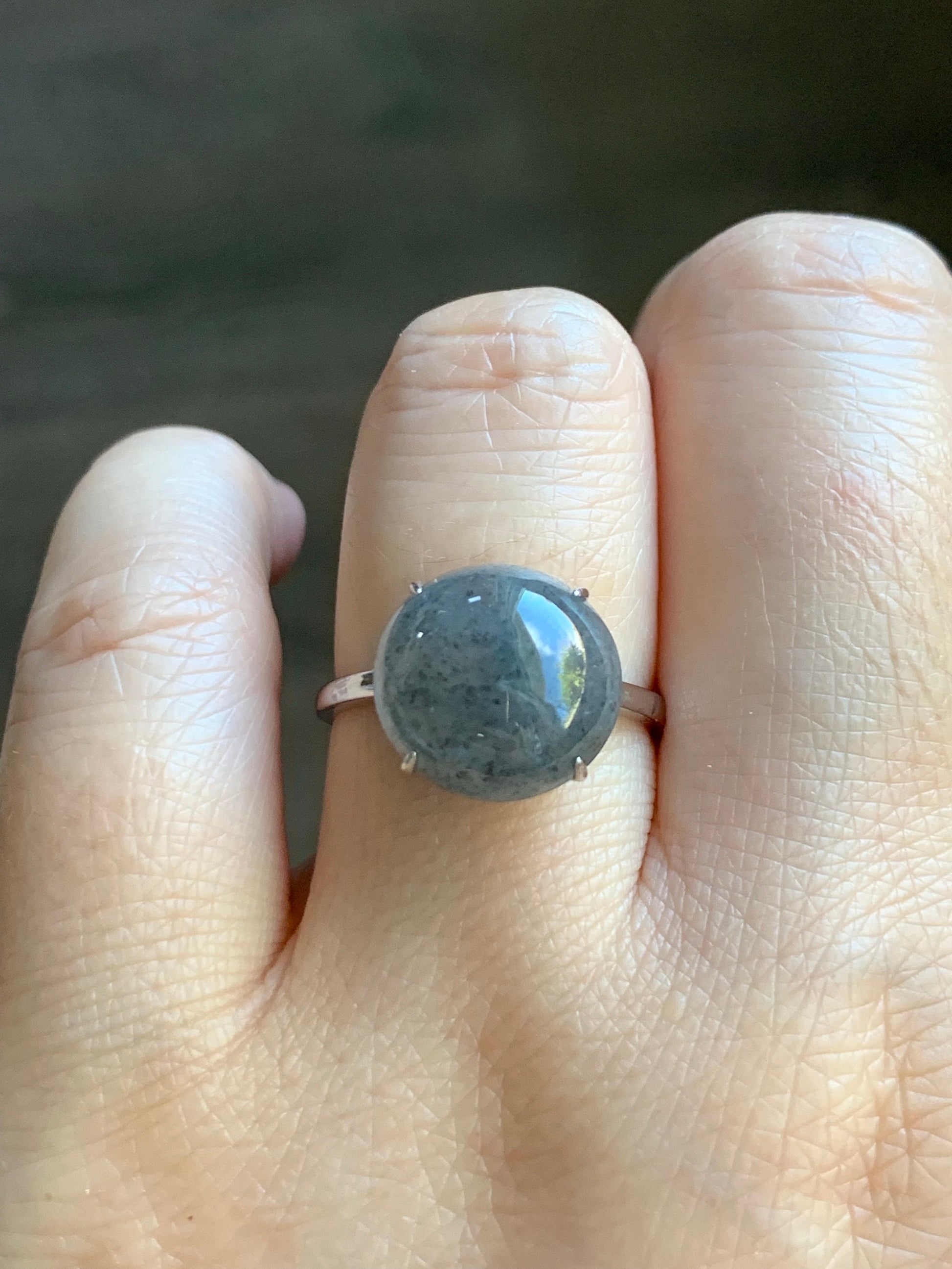 Natural Burmese Icy Translucent Large Wuji Round Jadeite Solitaire Ring S925 Sterling Silver Size Adjustable 天然缅甸冰乌鸡翡翠大尺寸蛋面银镶戒指 YWW100