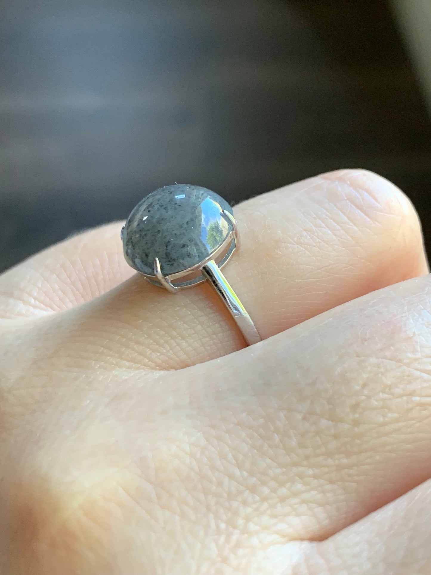 Natural Burmese Icy Translucent Large Wuji Round Jadeite Solitaire Ring S925 Sterling Silver Size Adjustable 天然缅甸冰乌鸡翡翠大尺寸蛋面银镶戒指 YWW100