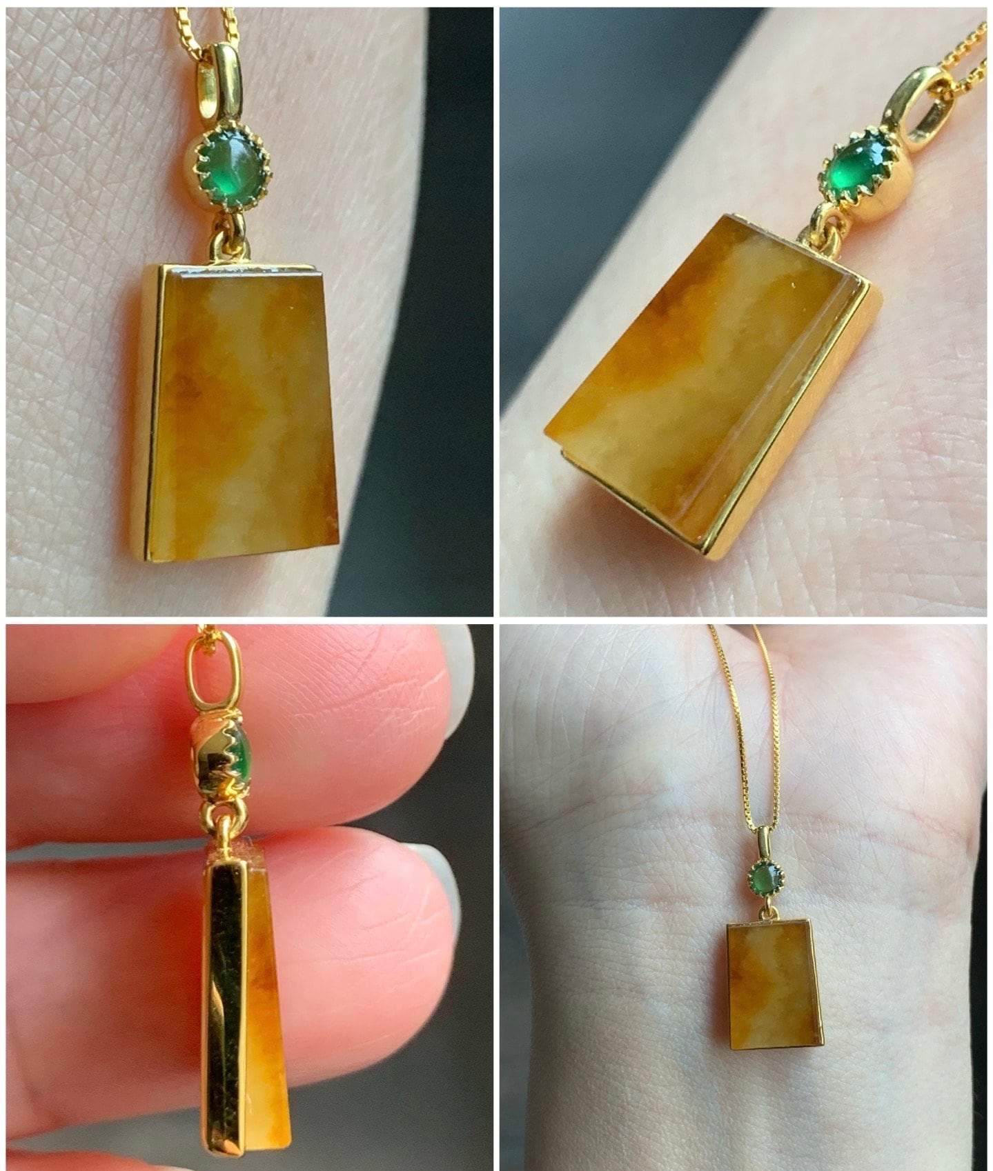 Certified Natural Burmese Icy Translucent Vibrant Yellow Wu Shi Pai Jadeite Trapezoid Shaped Pendant 18K Yellow Gold 天然缅甸起冰油黄翡翠无事牌镶嵌吊坠 3292