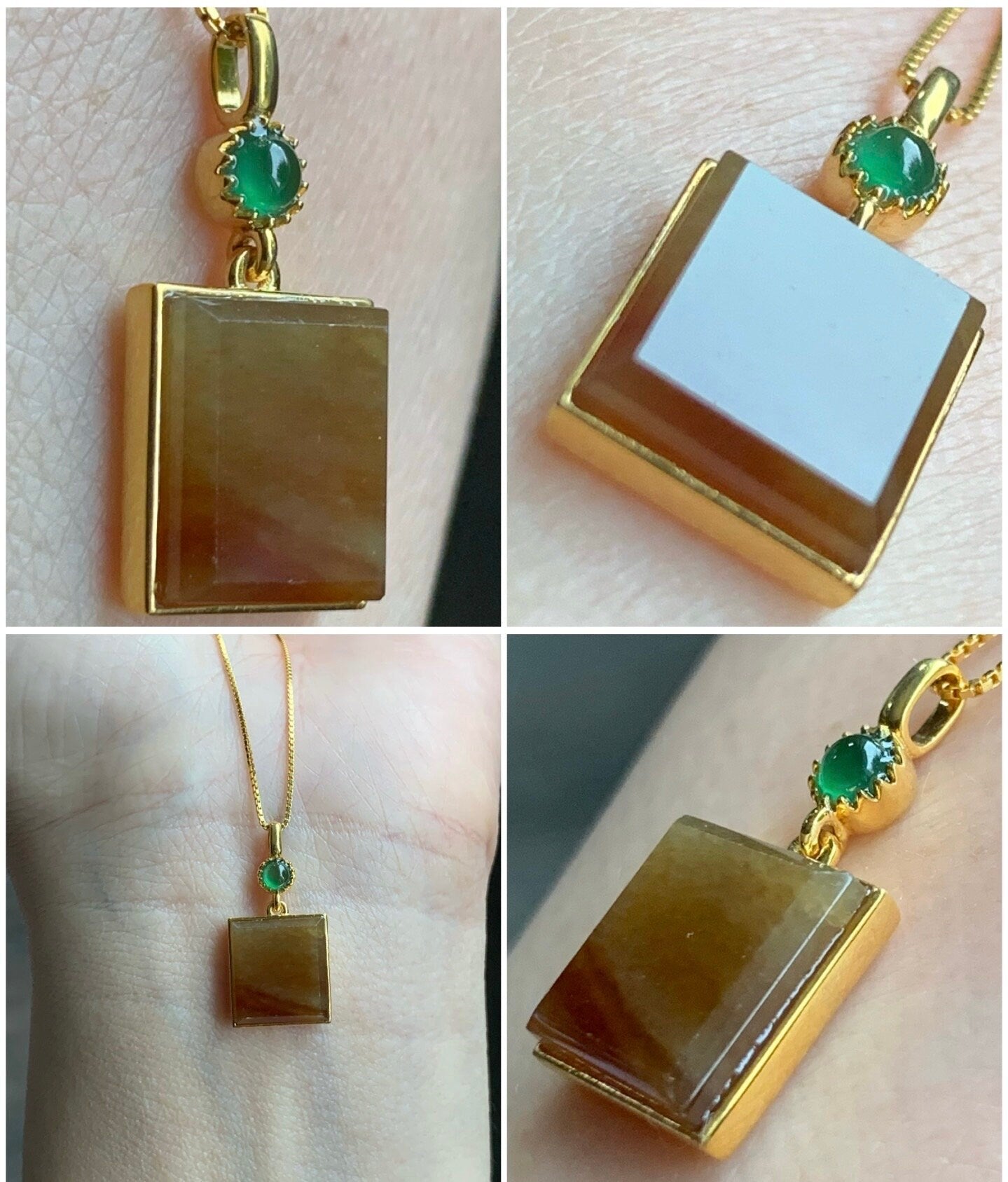 Certified Natural Burmese Icy Translucent Honey Yellow Jadeite Square Shaped Wu Shi Pai Pendant 18K Yellow Gold 天然缅甸起冰油黄翡翠无事牌镶嵌吊坠 3293