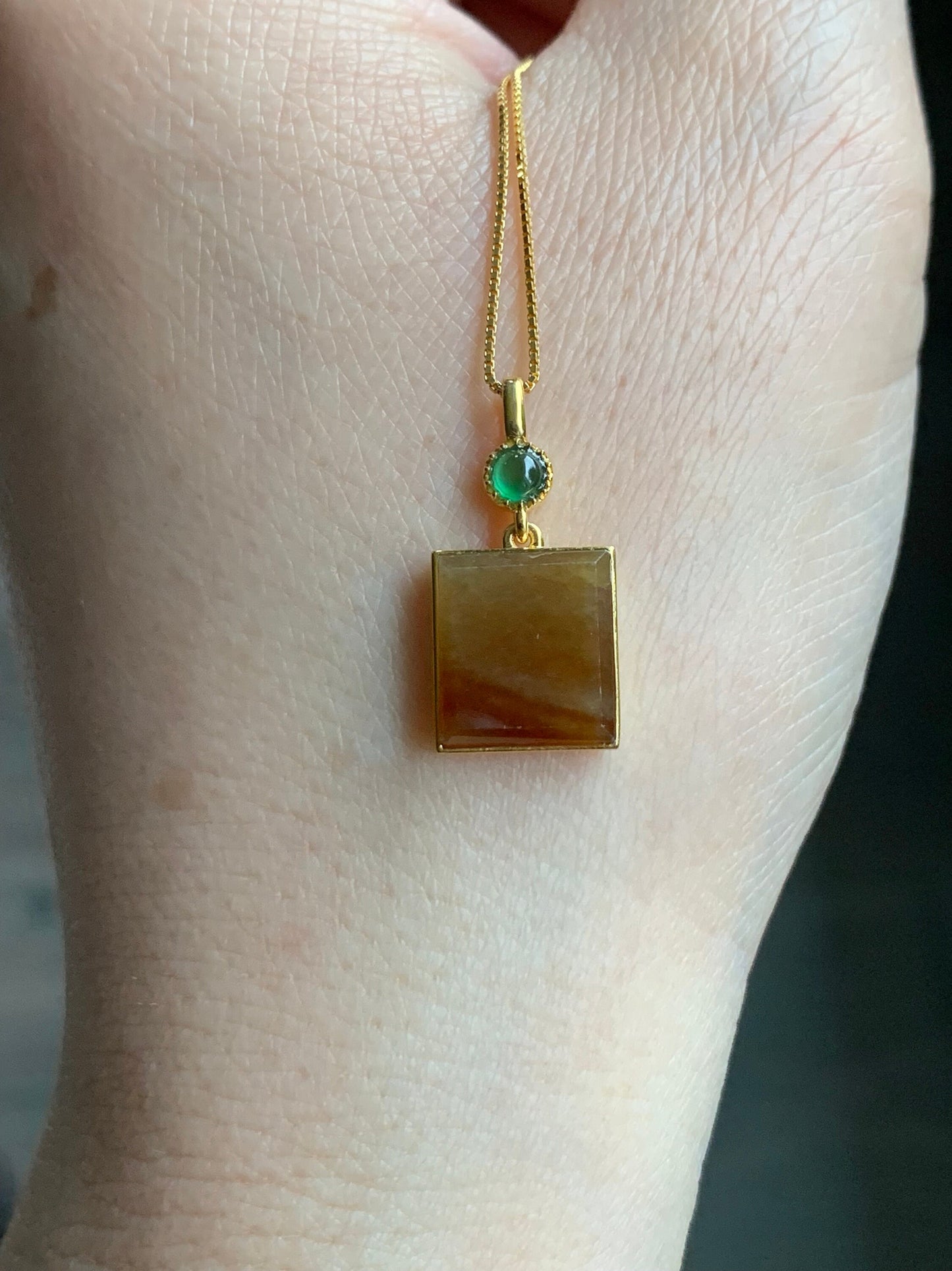 Certified Natural Burmese Icy Translucent Honey Yellow Jadeite Square Shaped Wu Shi Pai Pendant 18K Yellow Gold 天然缅甸起冰油黄翡翠无事牌镶嵌吊坠 3293