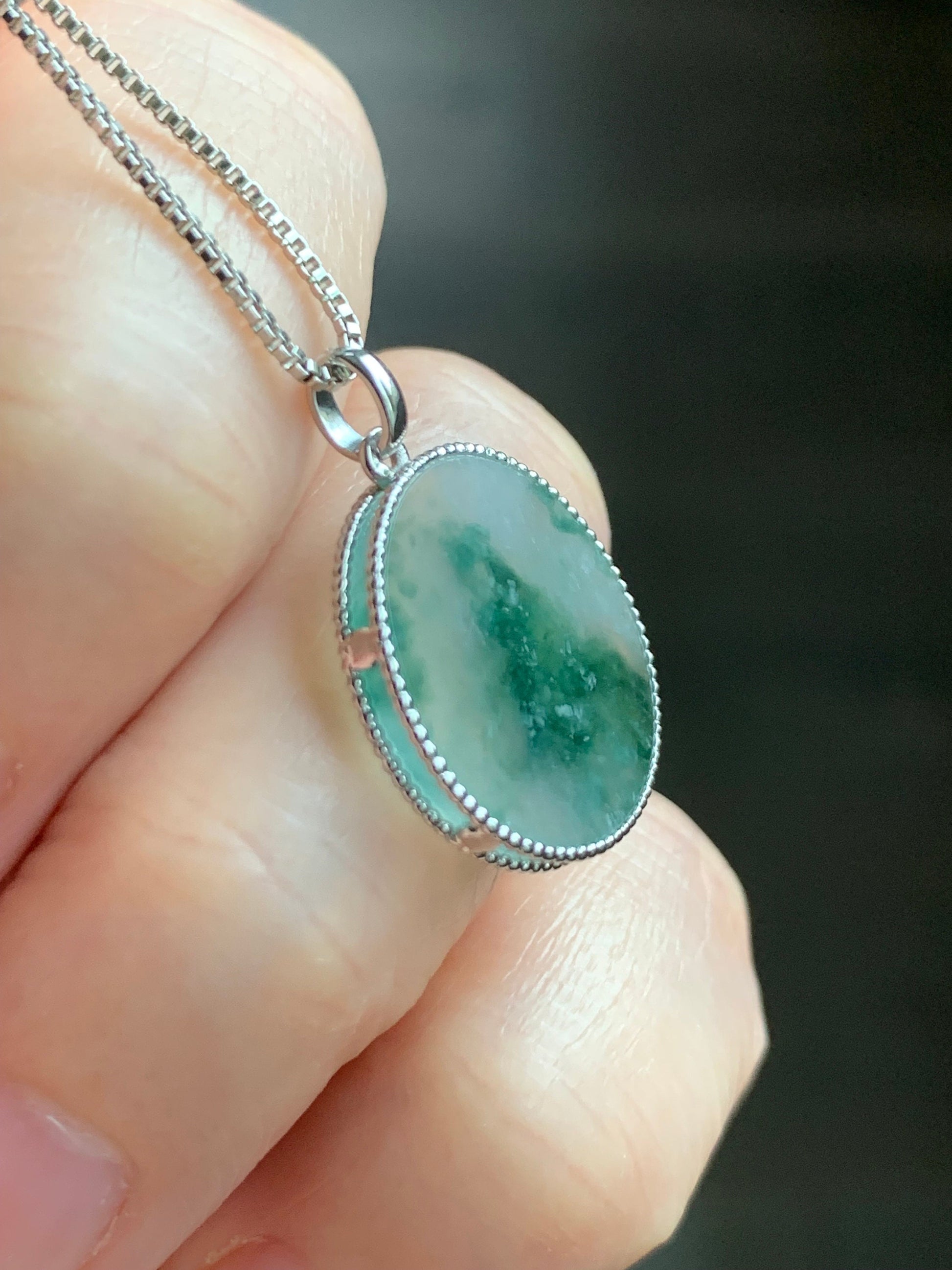 Certified Natural Burmese Icy Translucent Green Marbled Jadeite Blessing Amulet Pendant Wu Shi Pai 18K White Gold 天然缅甸冰飘花翡翠无事牌镶嵌吊坠 3299