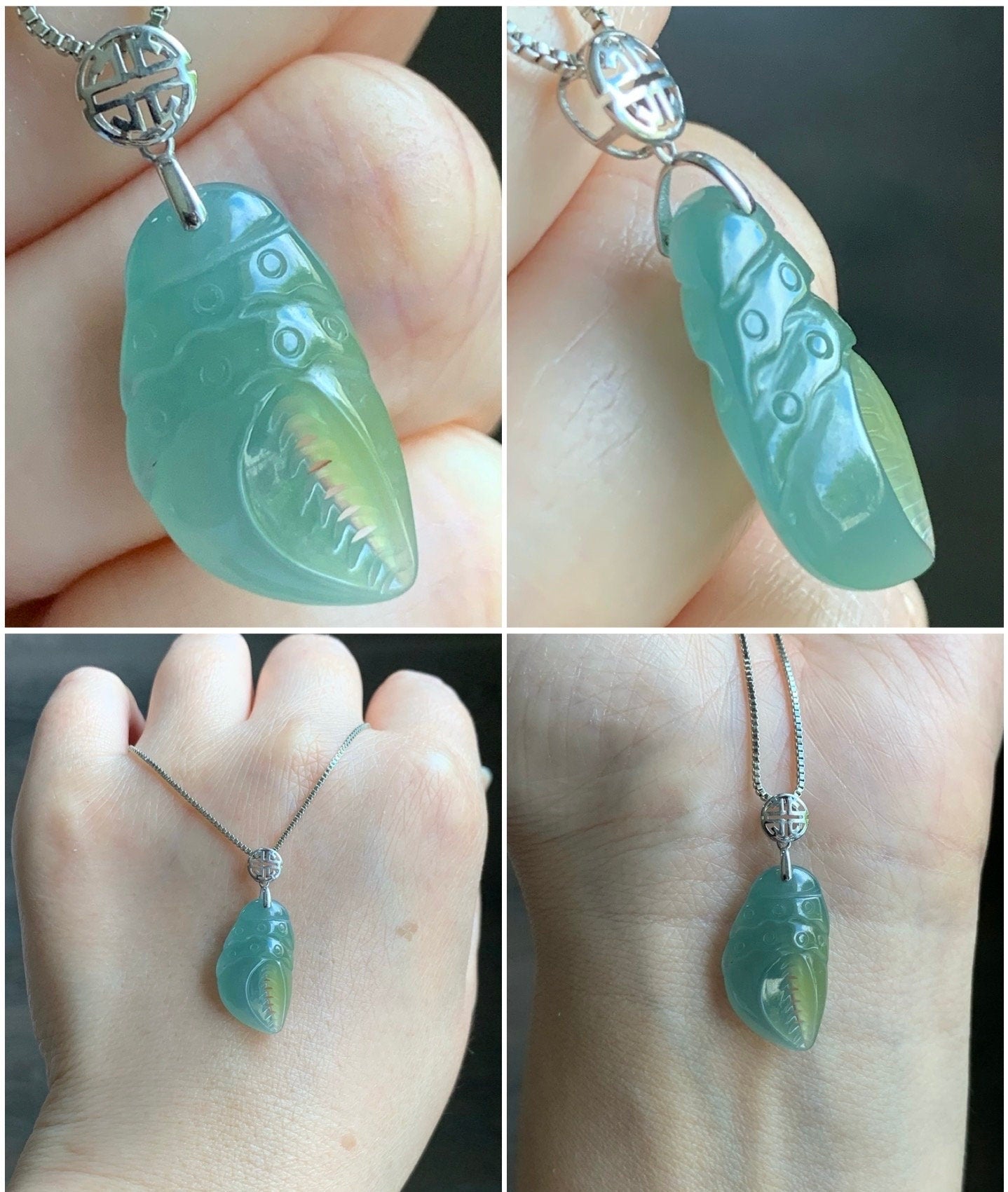 Natural Guatemalan Icy Translucent Dusty Blue & Yellow Jadeite Crab Claw Pendant 18K White Gold Bail 天然冰危蓝加黄翡翠蟹钳镶嵌吊坠