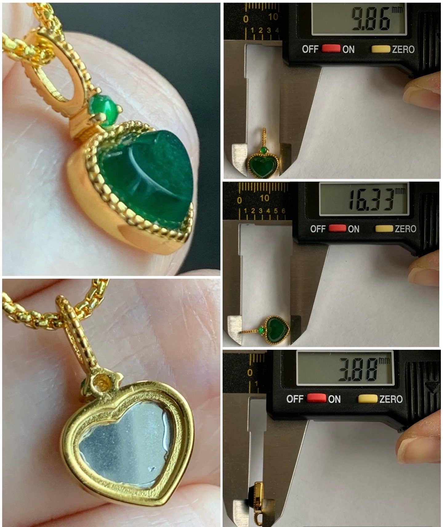 Natural Guatemalan Icy Highly Translucent Vibrant Green Jadeite Faceted Heart Pendant Sterling Silver Yellow Gold Finish 天然冰危绿翡翠爱心蛋面银镶吊坠 A